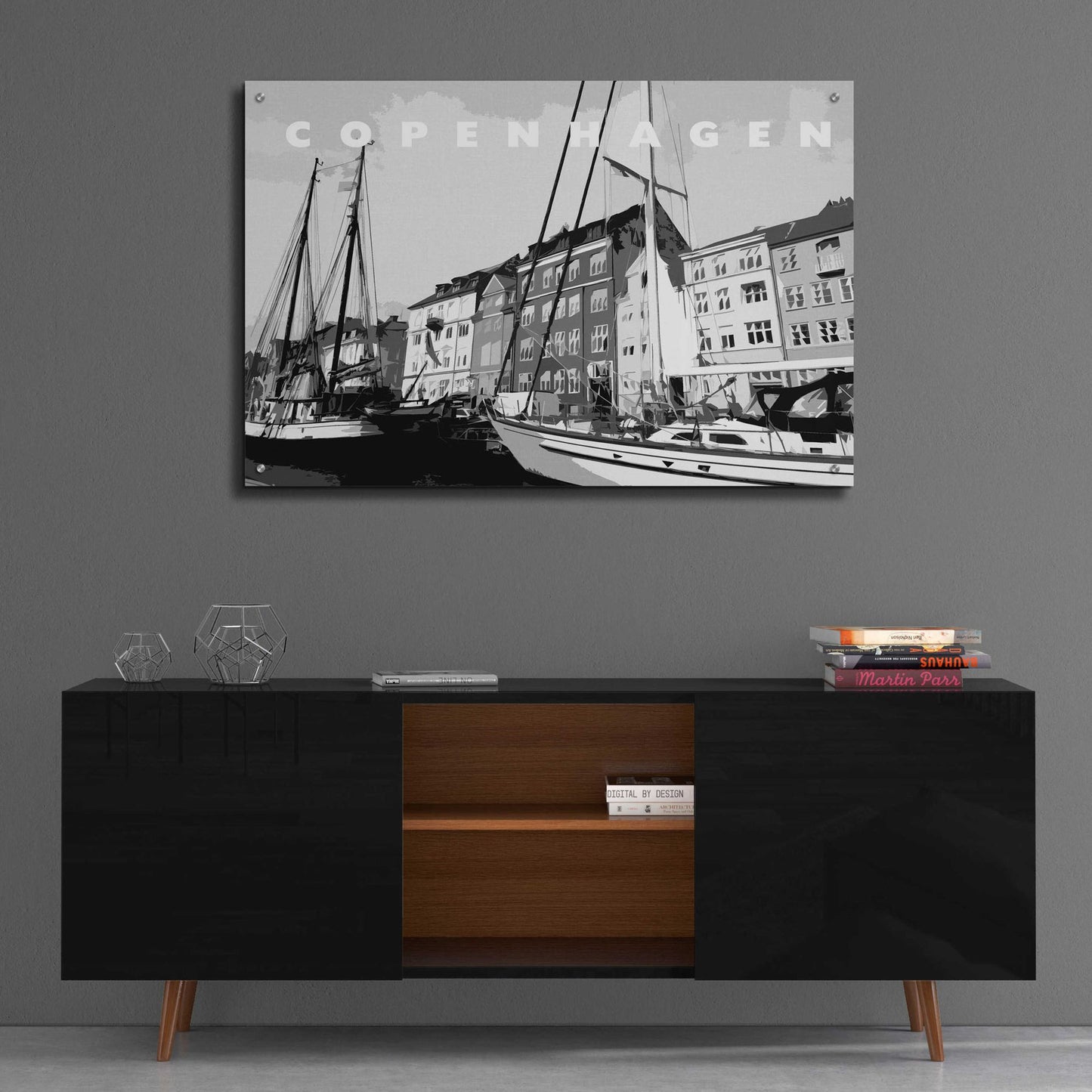 Epic Art 'Copenhagen Poster Black And White' by Linda Woods, Acrylic Glass Wall Art,36x24