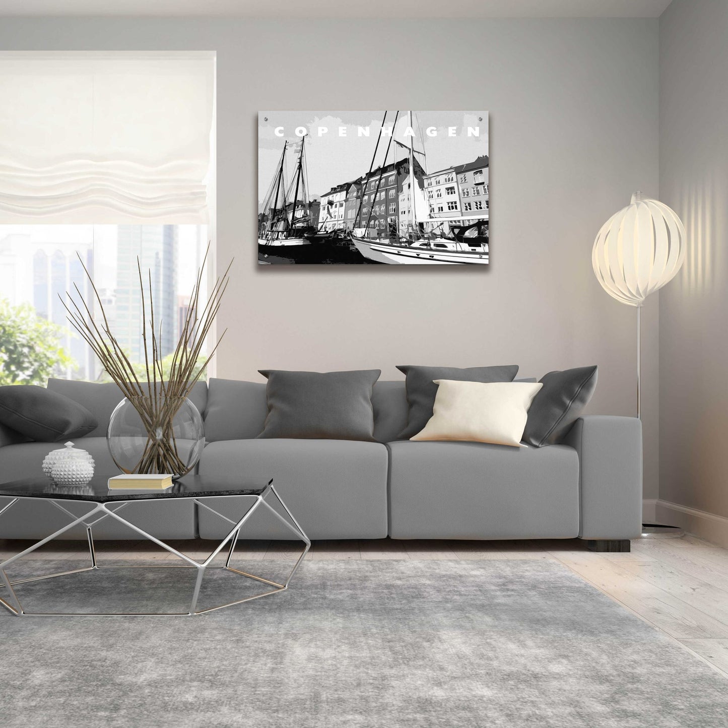 Epic Art 'Copenhagen Poster Black And White' by Linda Woods, Acrylic Glass Wall Art,36x24