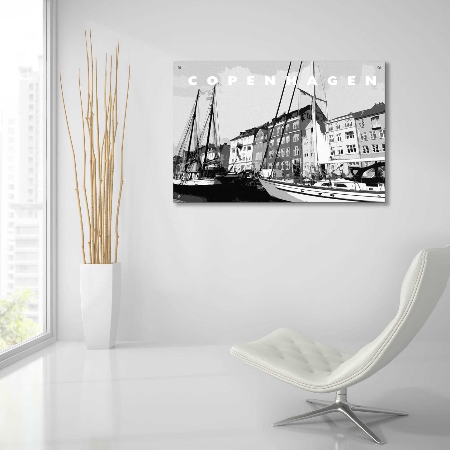 Epic Art 'Copenhagen Poster Black And White' by Linda Woods, Acrylic Glass Wall Art,36x24