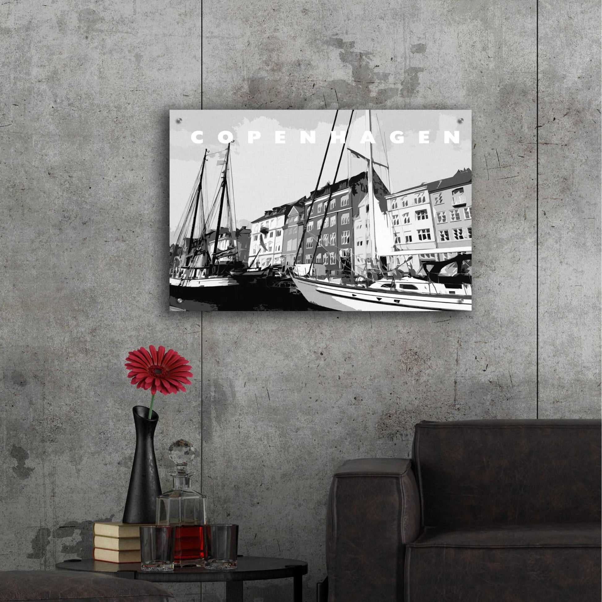 Epic Art 'Copenhagen Poster Black And White' by Linda Woods, Acrylic Glass Wall Art,36x24