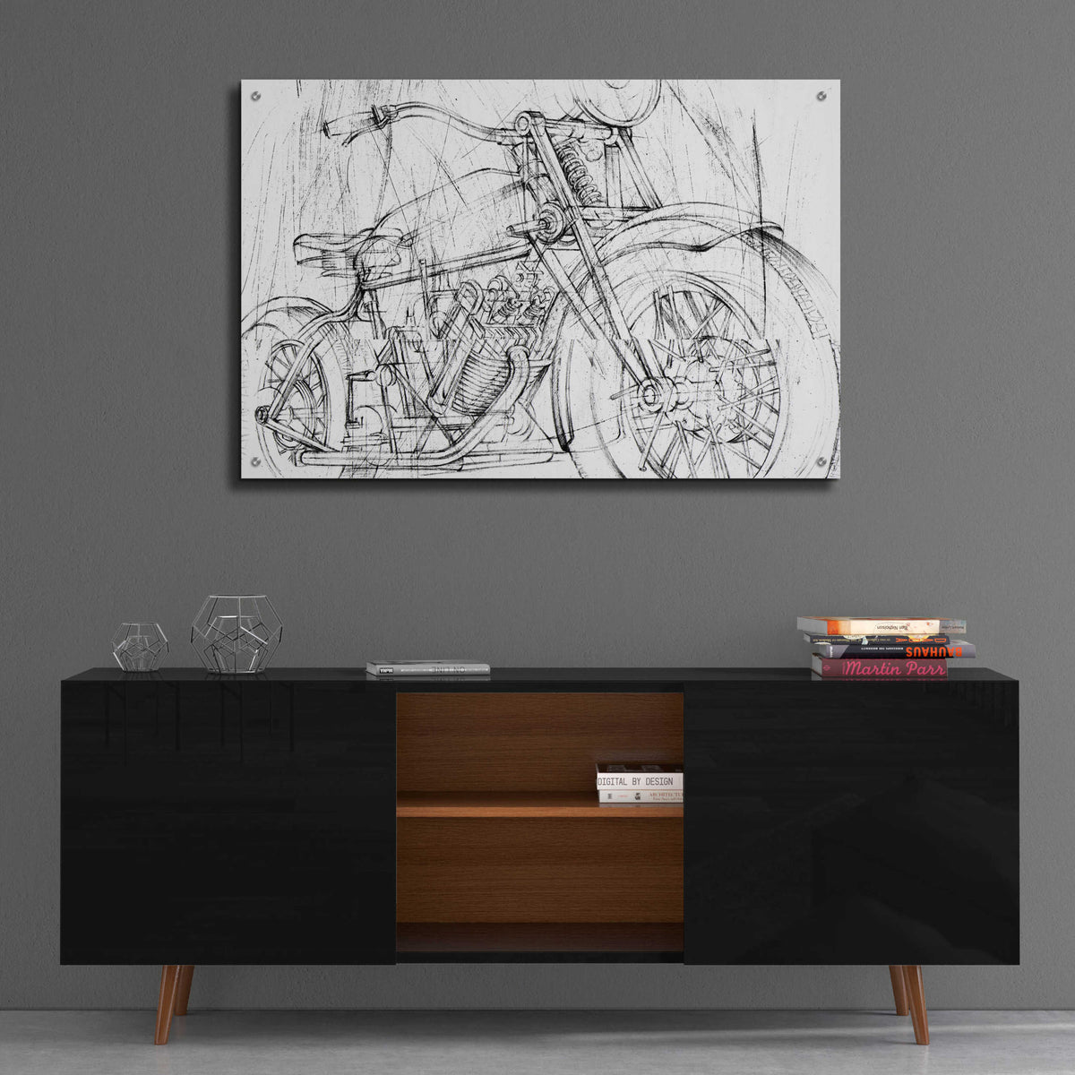 Epic Art 'Inverted Motorcycle Mechanical Sketch I' by Ethan Harper, Acrylic Glass Wall Art,36x24