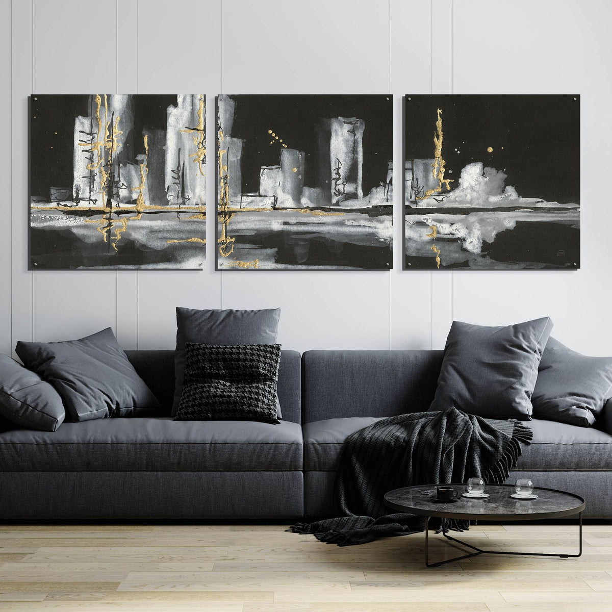 Urban Gold V by Chris Paschke - 108x36 acrylic wall art in a room