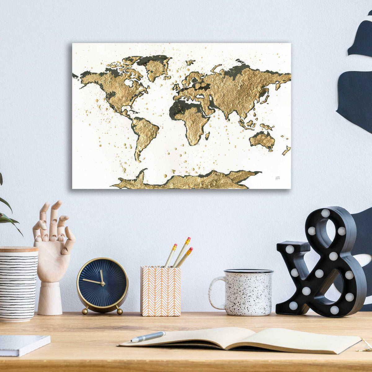 World Map Gold Leaf by Chris Paschke - 16x12 acrylic wall art in a room