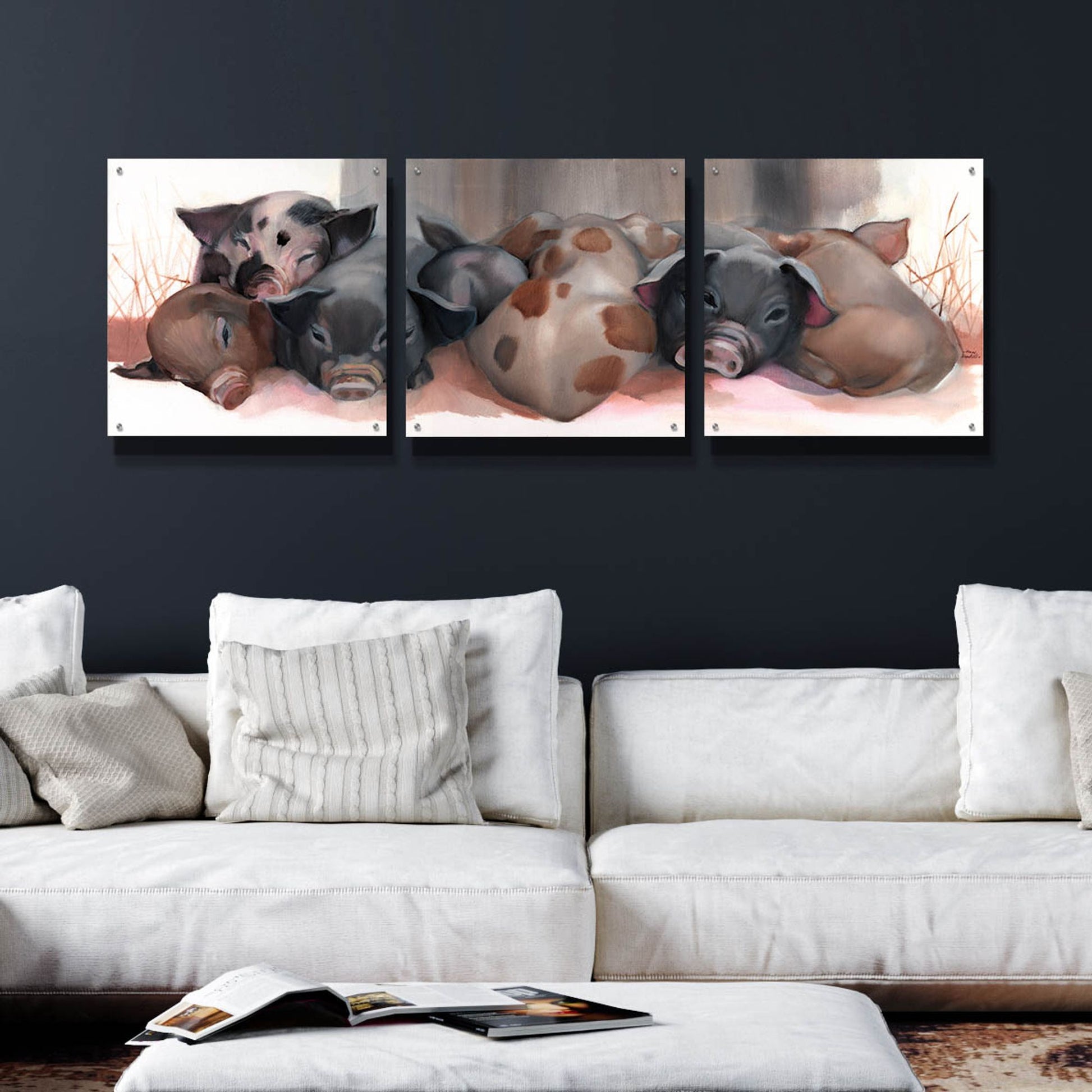 Epic Art 'Pig Pile' by Louise Montillio Acrylic Glass Wall Art, 3 Piece Set,72x24