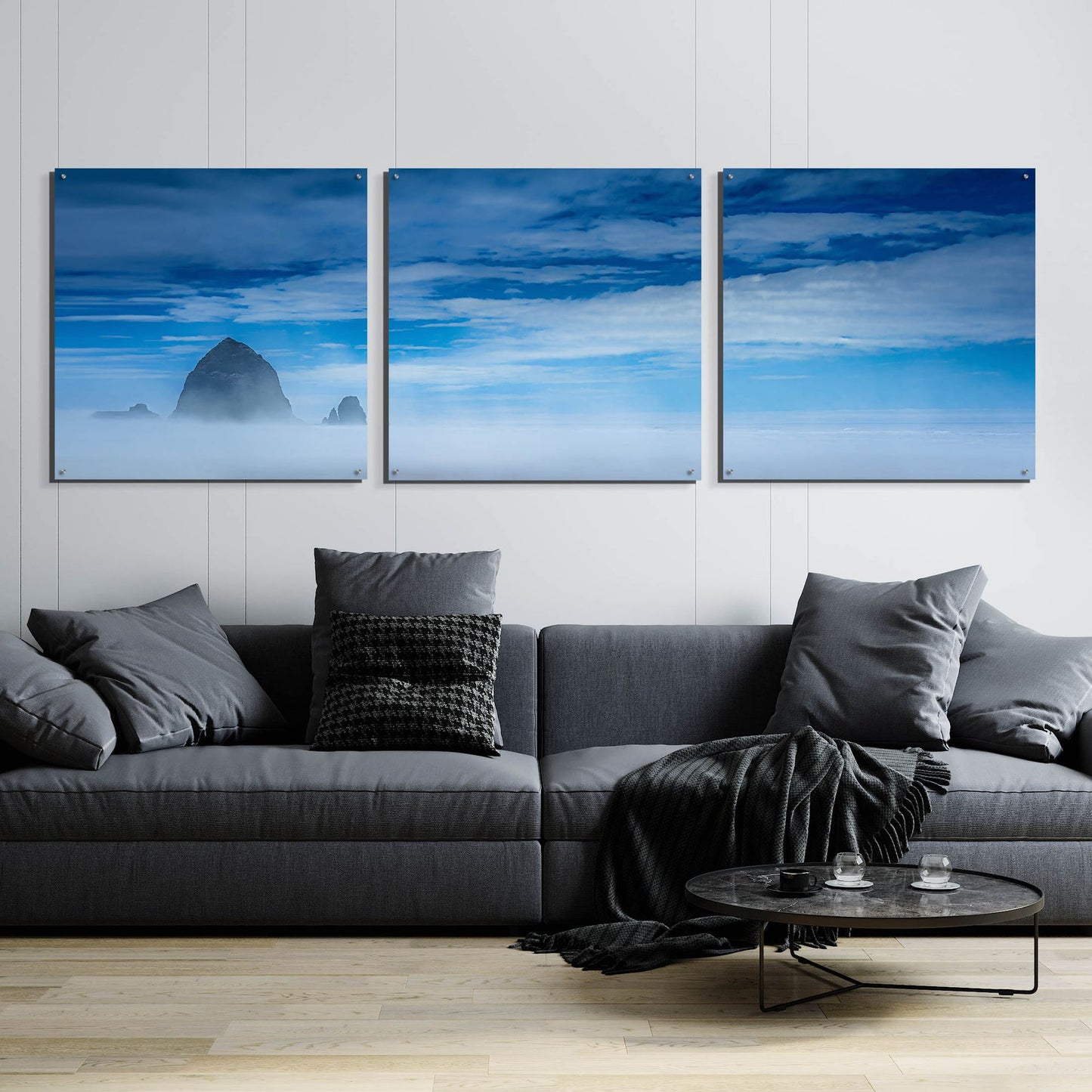 Epic Art 'Haystack Rock In The Mist' by Don Schwartz, Acrylic Glass Wall Art, 3 Piece Set,108x36