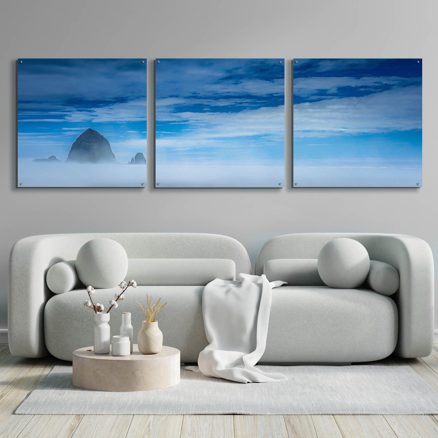 Epic Art 'Haystack Rock In The Mist' by Don Schwartz, Acrylic Glass Wall Art, 3 Piece Set,108x36