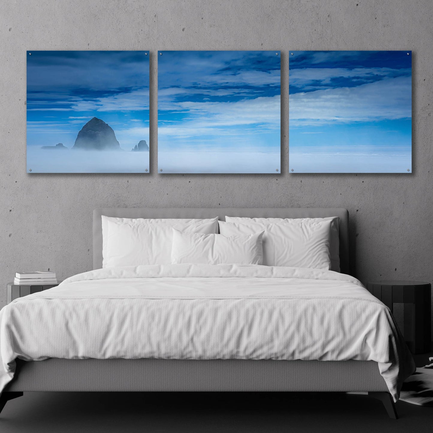 Epic Art 'Haystack Rock In The Mist' by Don Schwartz, Acrylic Glass Wall Art, 3 Piece Set,108x36