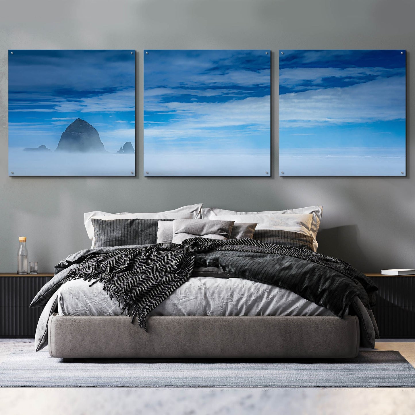 Epic Art 'Haystack Rock In The Mist' by Don Schwartz, Acrylic Glass Wall Art, 3 Piece Set,108x36