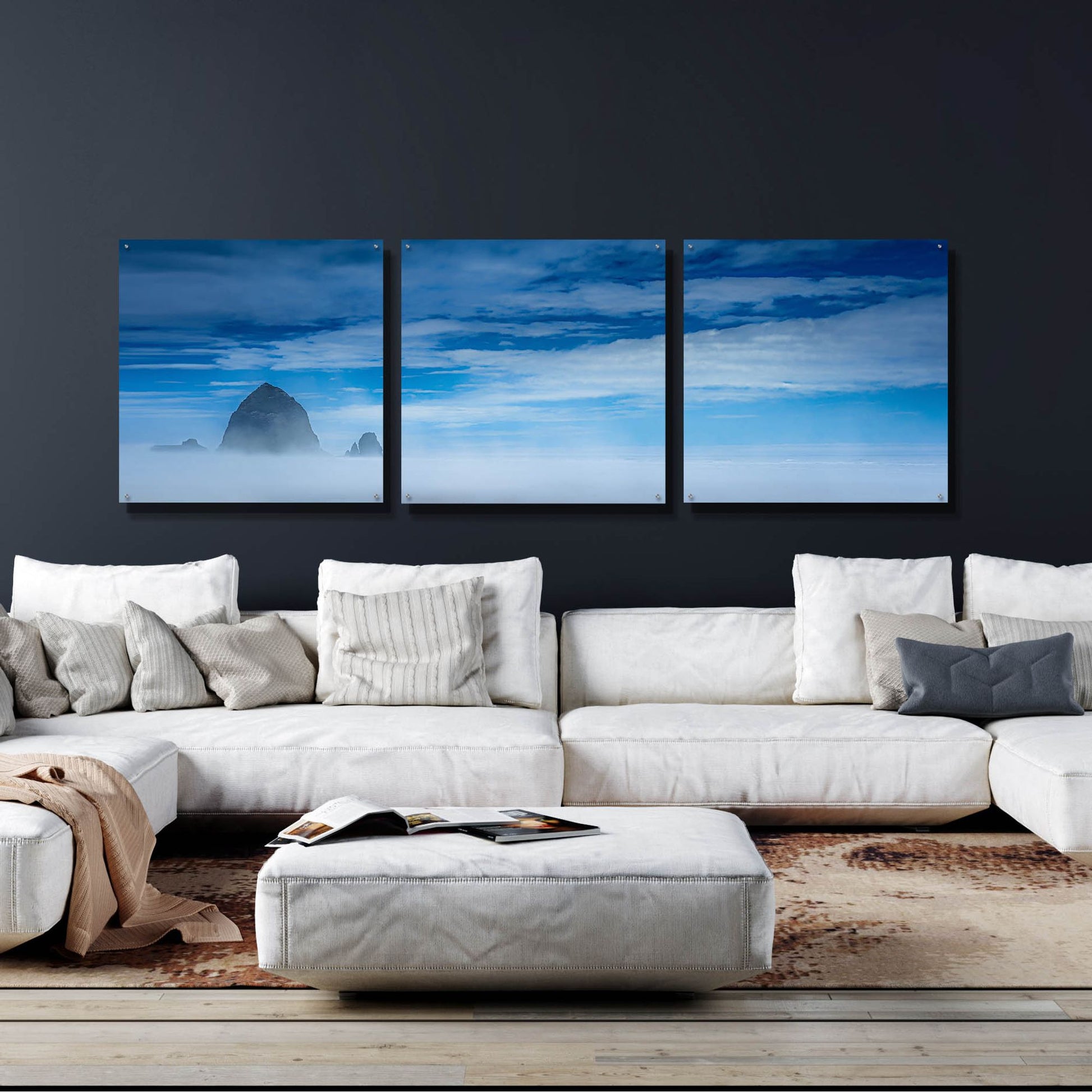 Epic Art 'Haystack Rock In The Mist' by Don Schwartz, Acrylic Glass Wall Art, 3 Piece Set,108x36