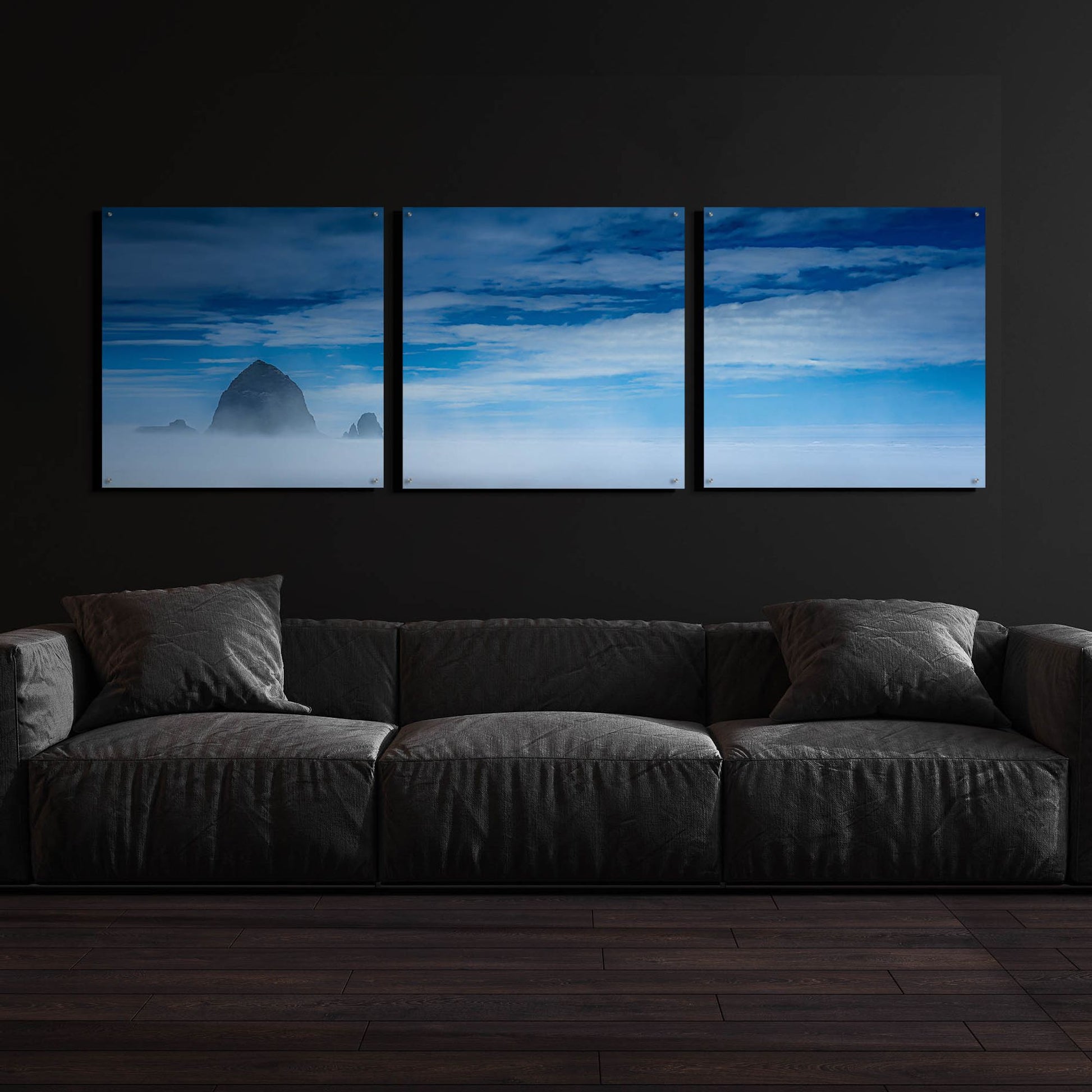 Epic Art 'Haystack Rock In The Mist' by Don Schwartz, Acrylic Glass Wall Art, 3 Piece Set,108x36