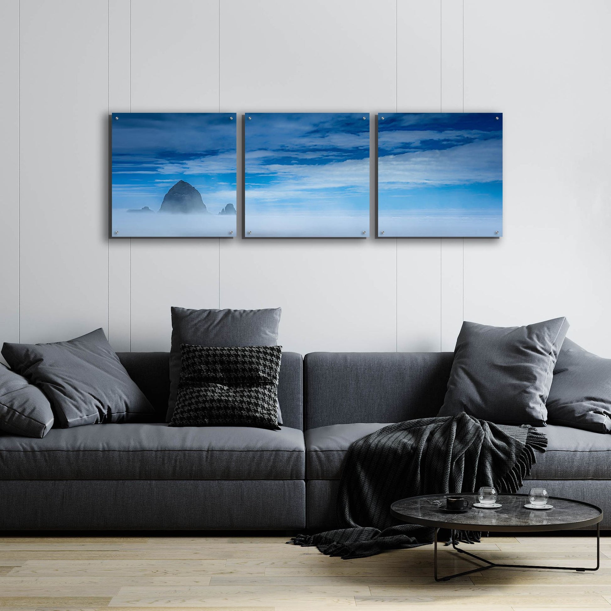 Epic Art 'Haystack Rock In The Mist' by Don Schwartz, Acrylic Glass Wall Art, 3 Piece Set,72x24