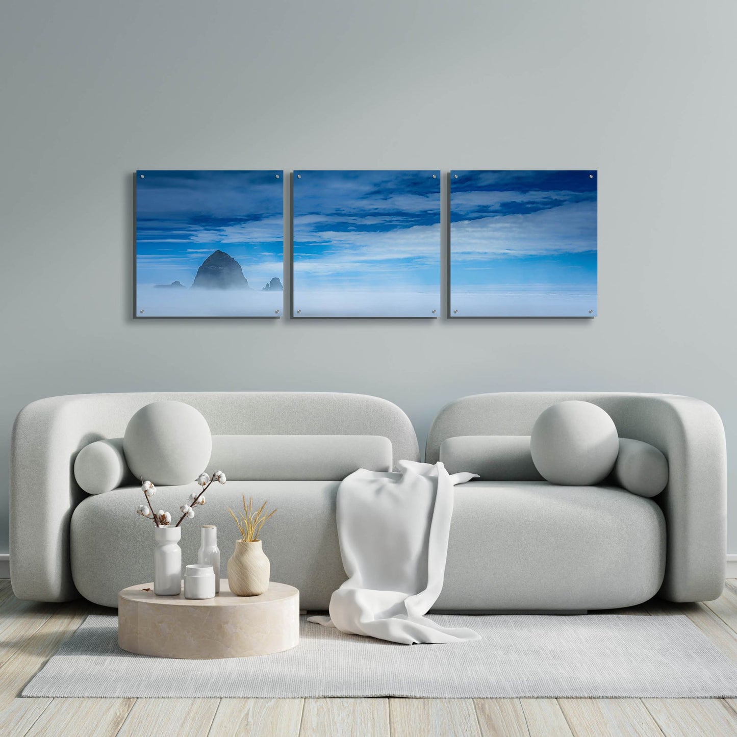 Epic Art 'Haystack Rock In The Mist' by Don Schwartz, Acrylic Glass Wall Art, 3 Piece Set,72x24