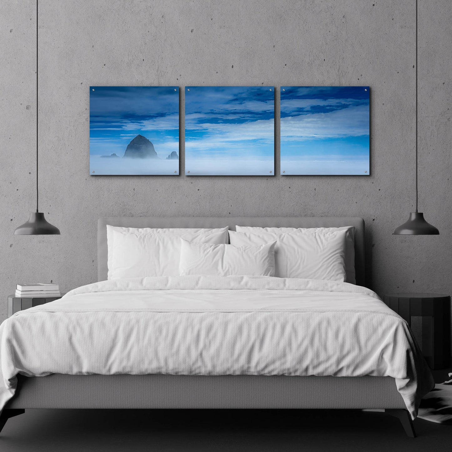 Epic Art 'Haystack Rock In The Mist' by Don Schwartz, Acrylic Glass Wall Art, 3 Piece Set,72x24