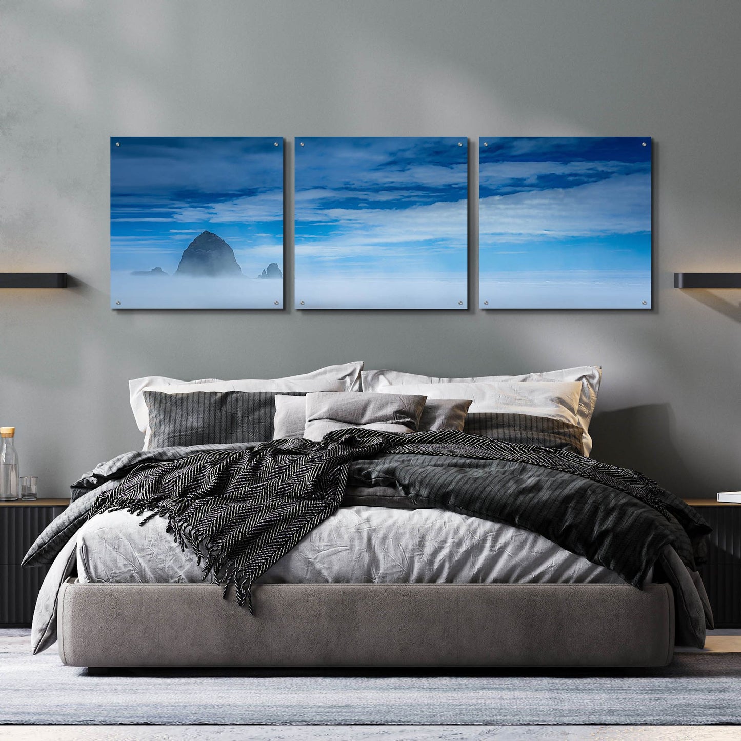 Epic Art 'Haystack Rock In The Mist' by Don Schwartz, Acrylic Glass Wall Art, 3 Piece Set,72x24