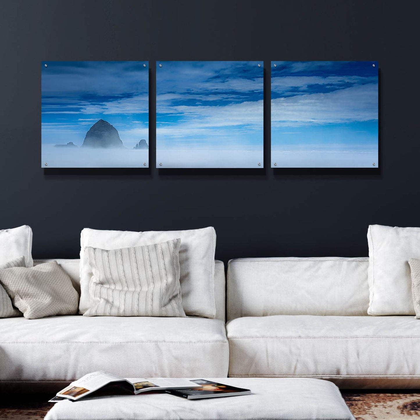 Epic Art 'Haystack Rock In The Mist' by Don Schwartz, Acrylic Glass Wall Art, 3 Piece Set,72x24