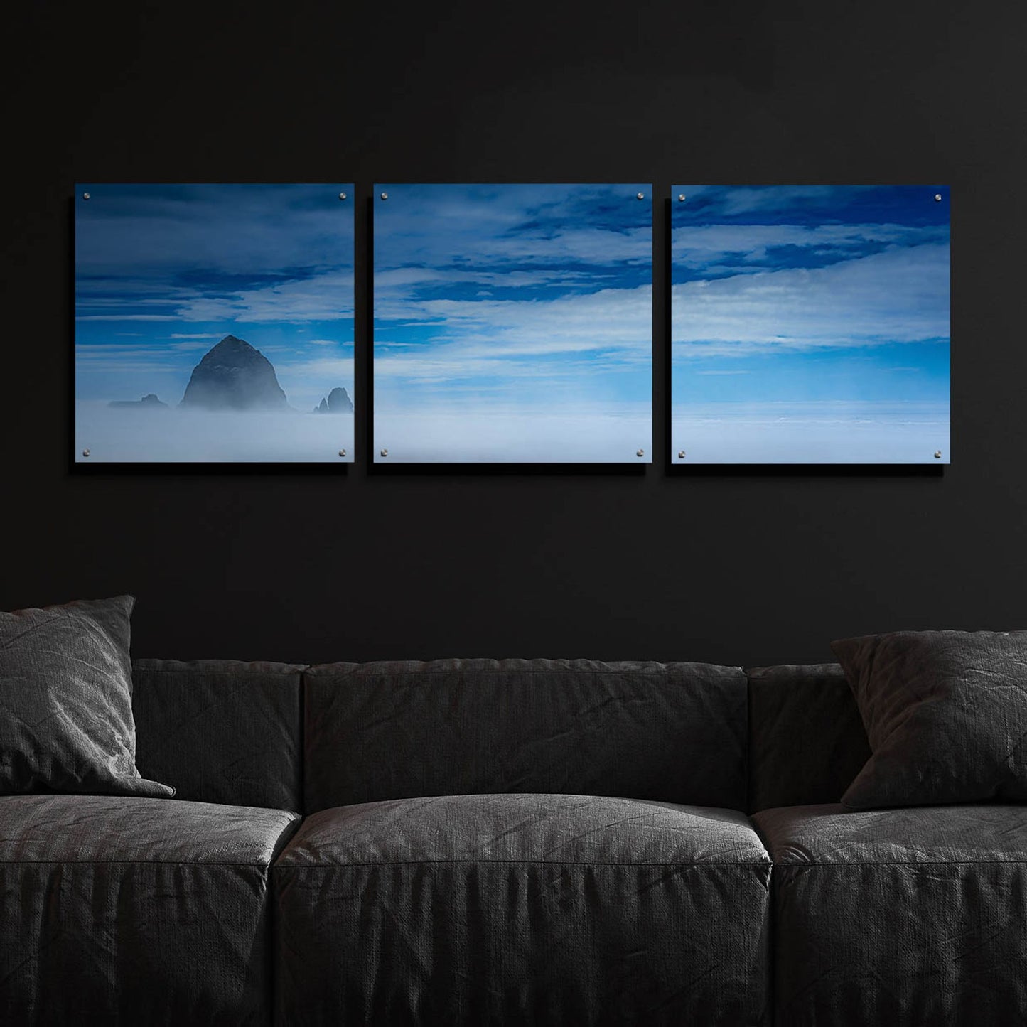 Epic Art 'Haystack Rock In The Mist' by Don Schwartz, Acrylic Glass Wall Art, 3 Piece Set,72x24