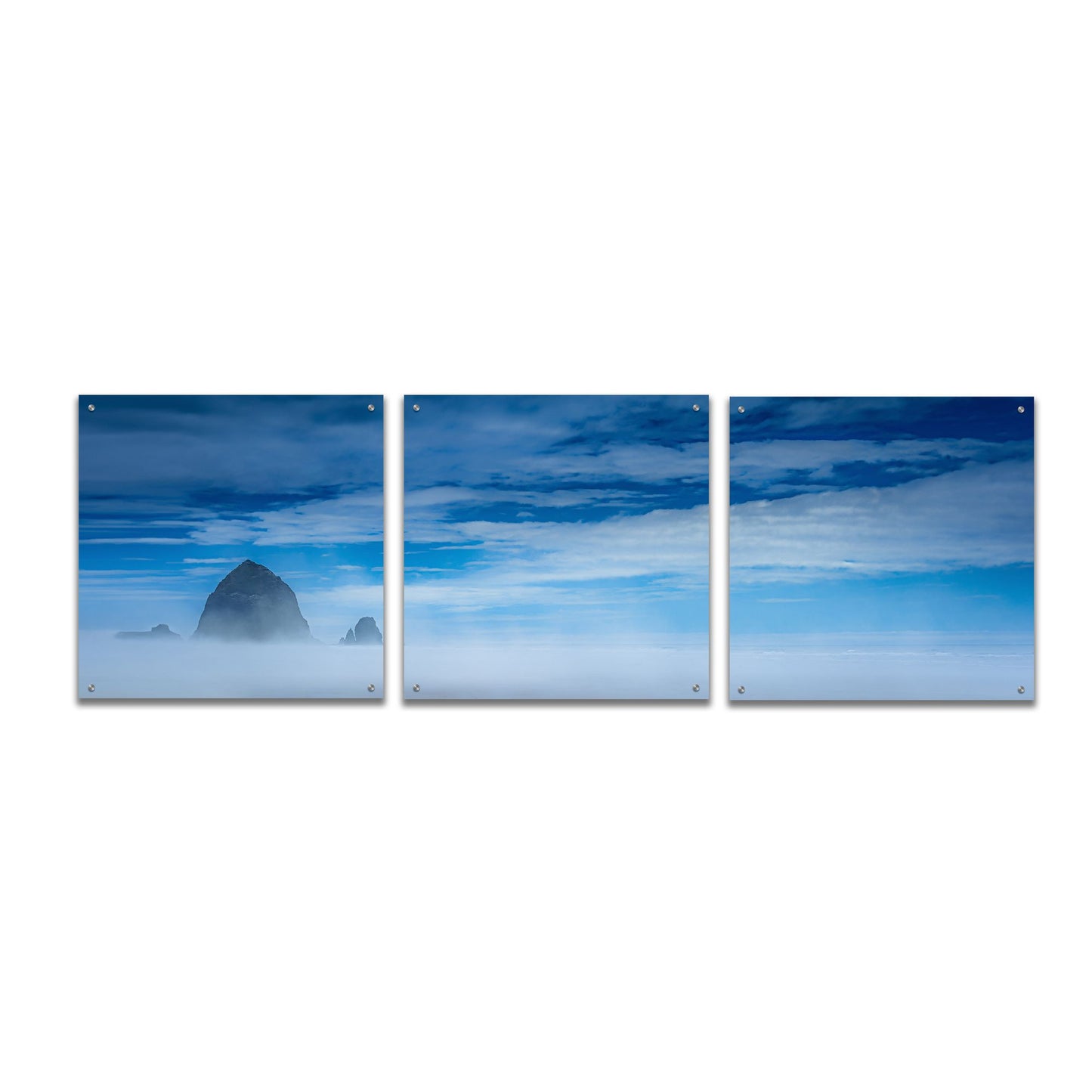 Epic Art 'Haystack Rock In The Mist' by Don Schwartz, Acrylic Glass Wall Art, 3 Piece Set