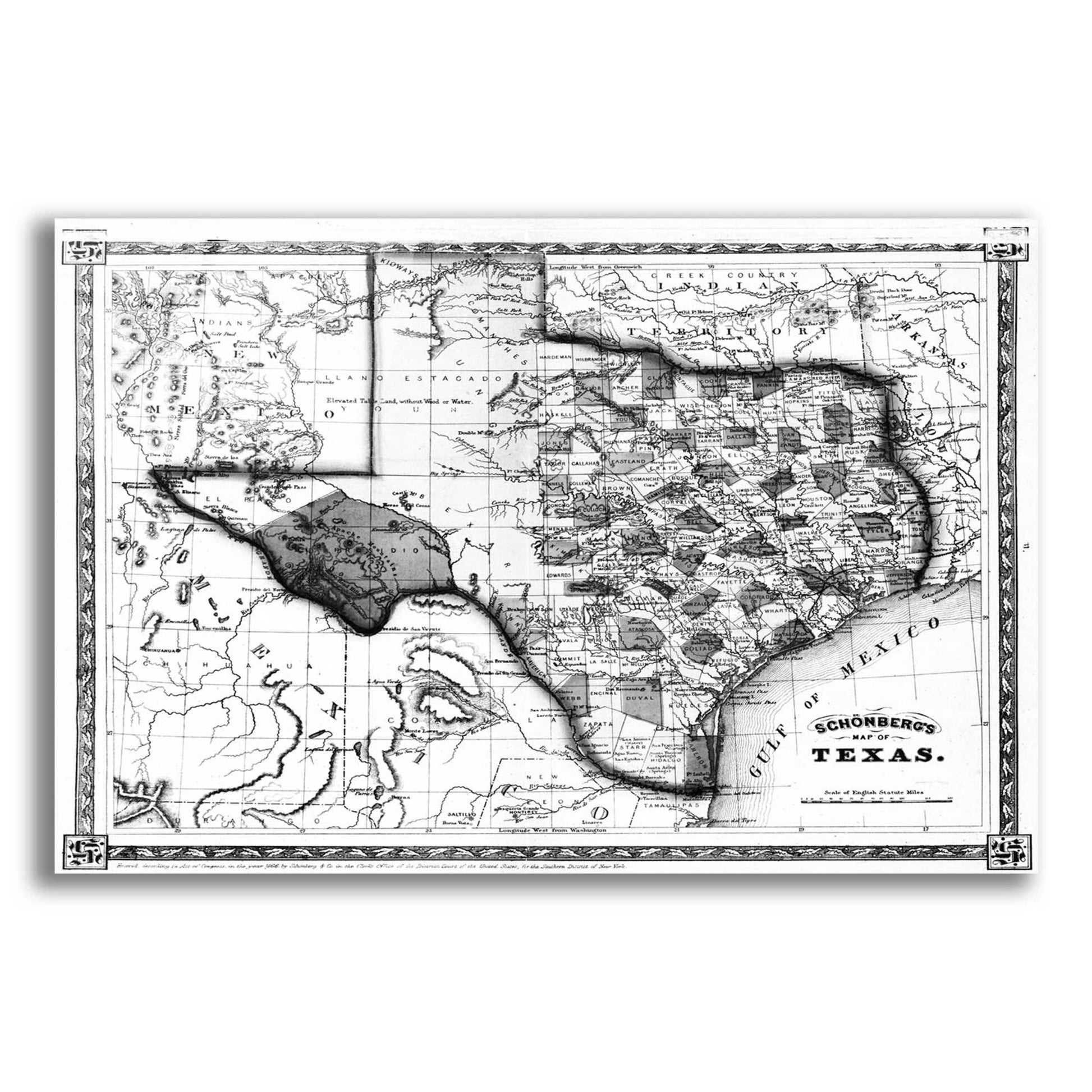 Epic Art 'Map of Texas 1866' by  Portfolio, Acrylic Glass Wall Art,24x16