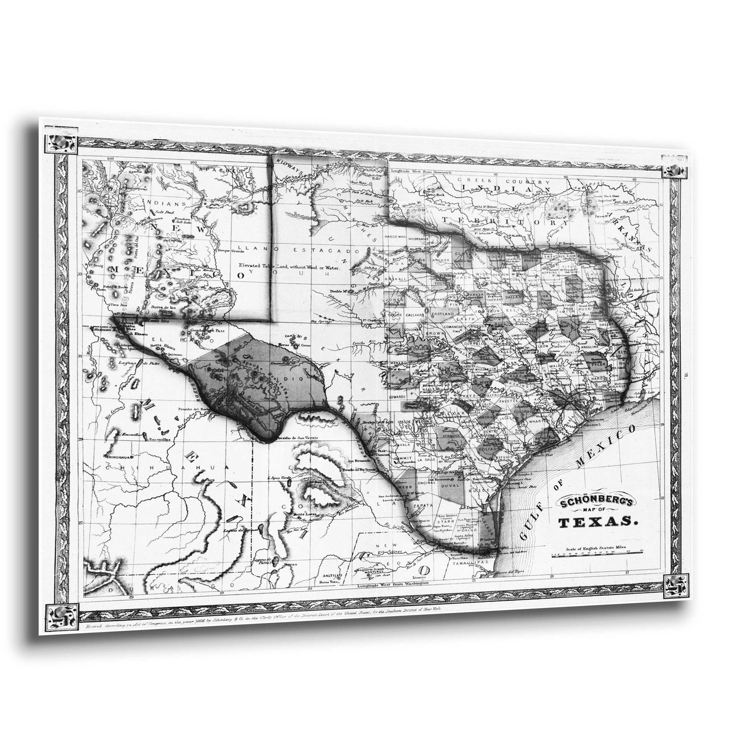 Epic Art 'Map of Texas 1866' by  Portfolio, Acrylic Glass Wall Art,36x24