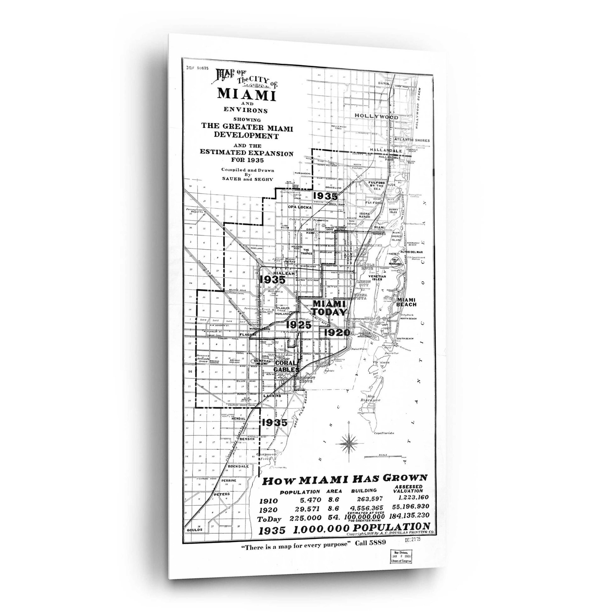 Epic Art 'Map of Miami 1925' by  Portfolio, Acrylic Glass Wall Art,12x24