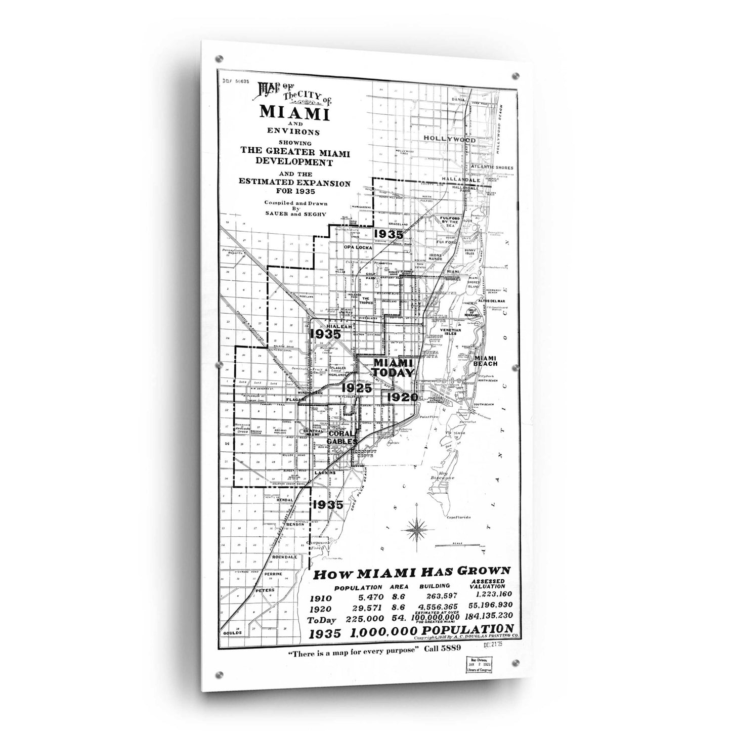 Epic Art 'Map of Miami 1925' by  Portfolio, Acrylic Glass Wall Art,24x48