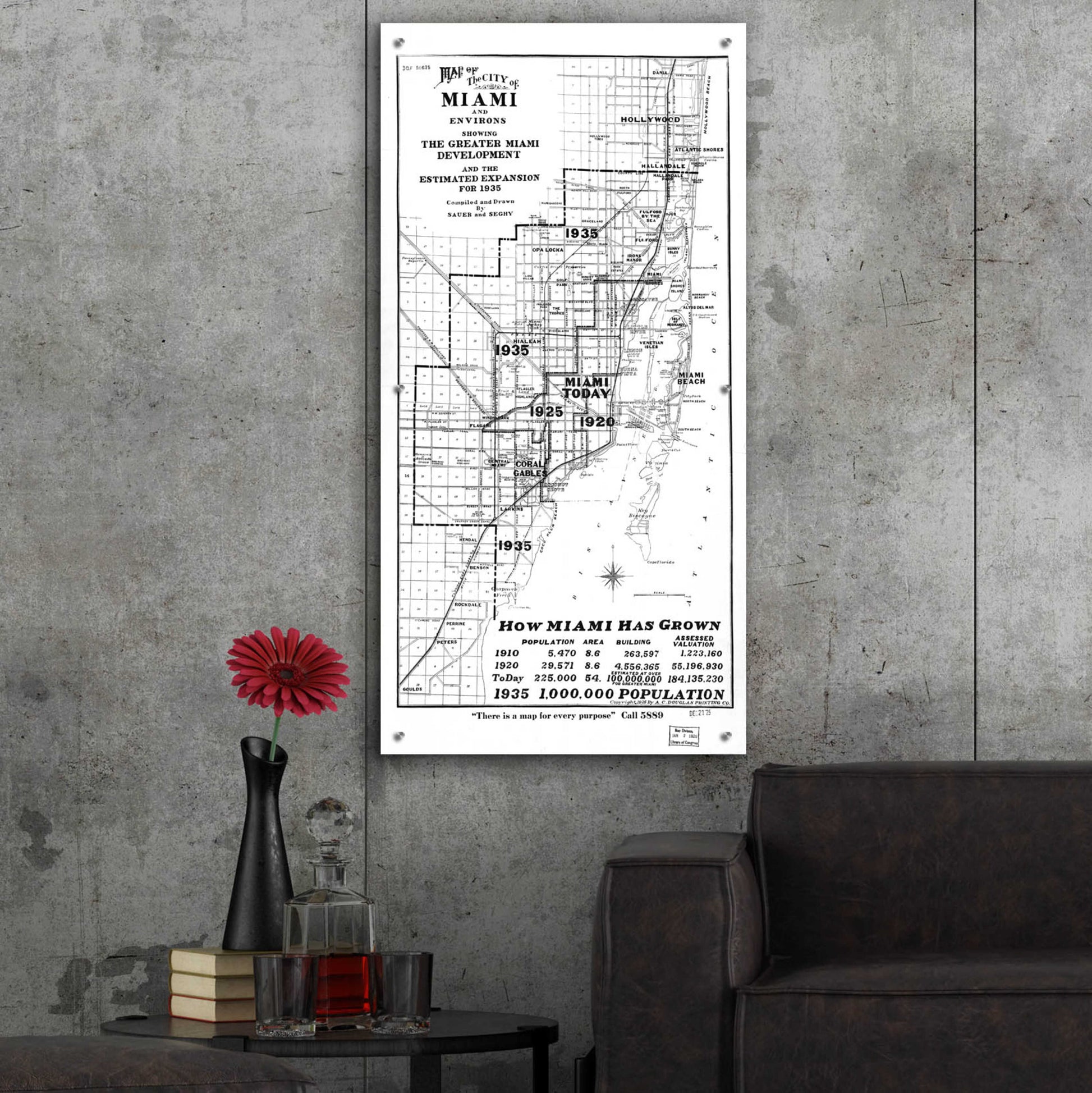 Epic Art 'Map of Miami 1925' by  Portfolio, Acrylic Glass Wall Art,24x48