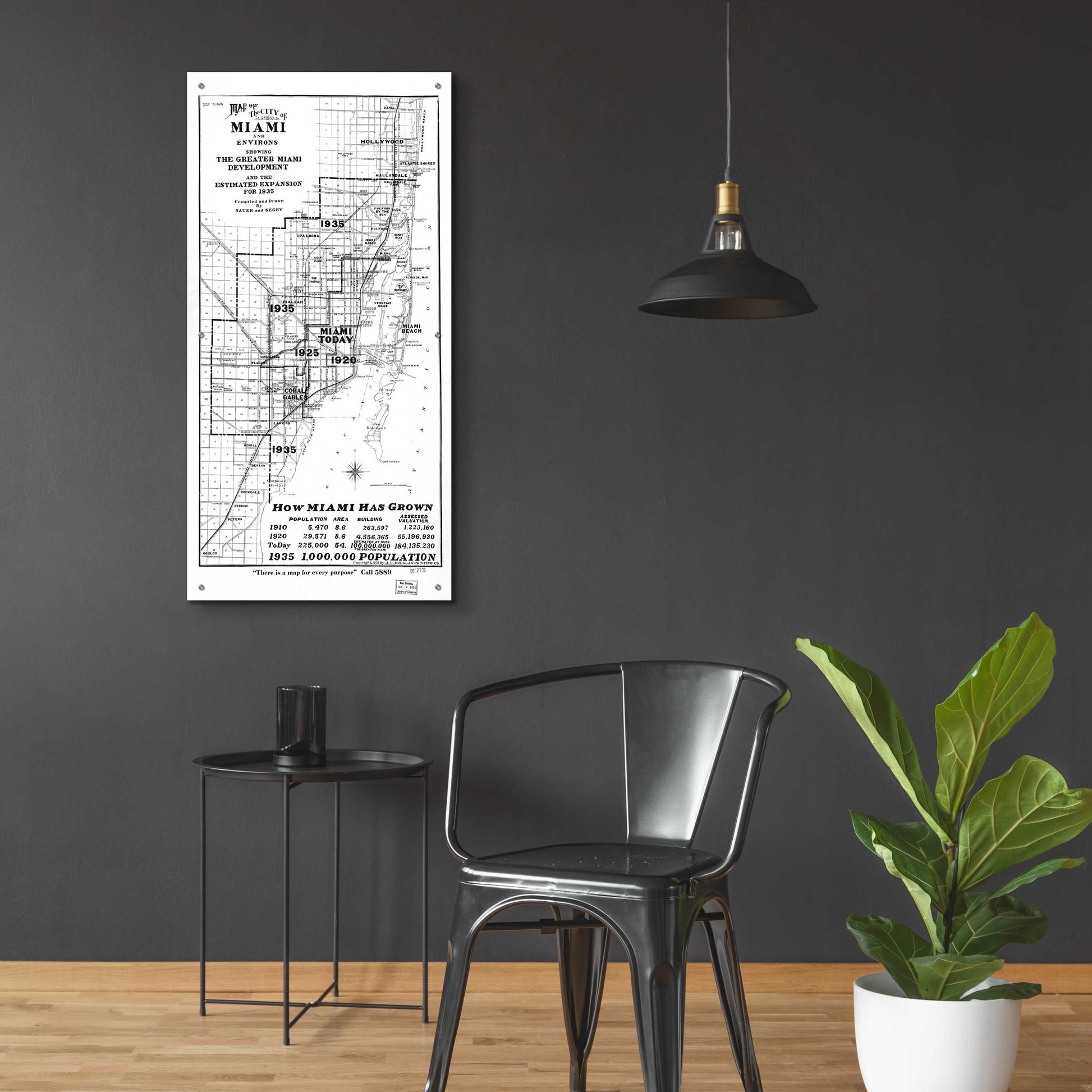 Epic Art 'Map of Miami 1925' by  Portfolio, Acrylic Glass Wall Art,24x48