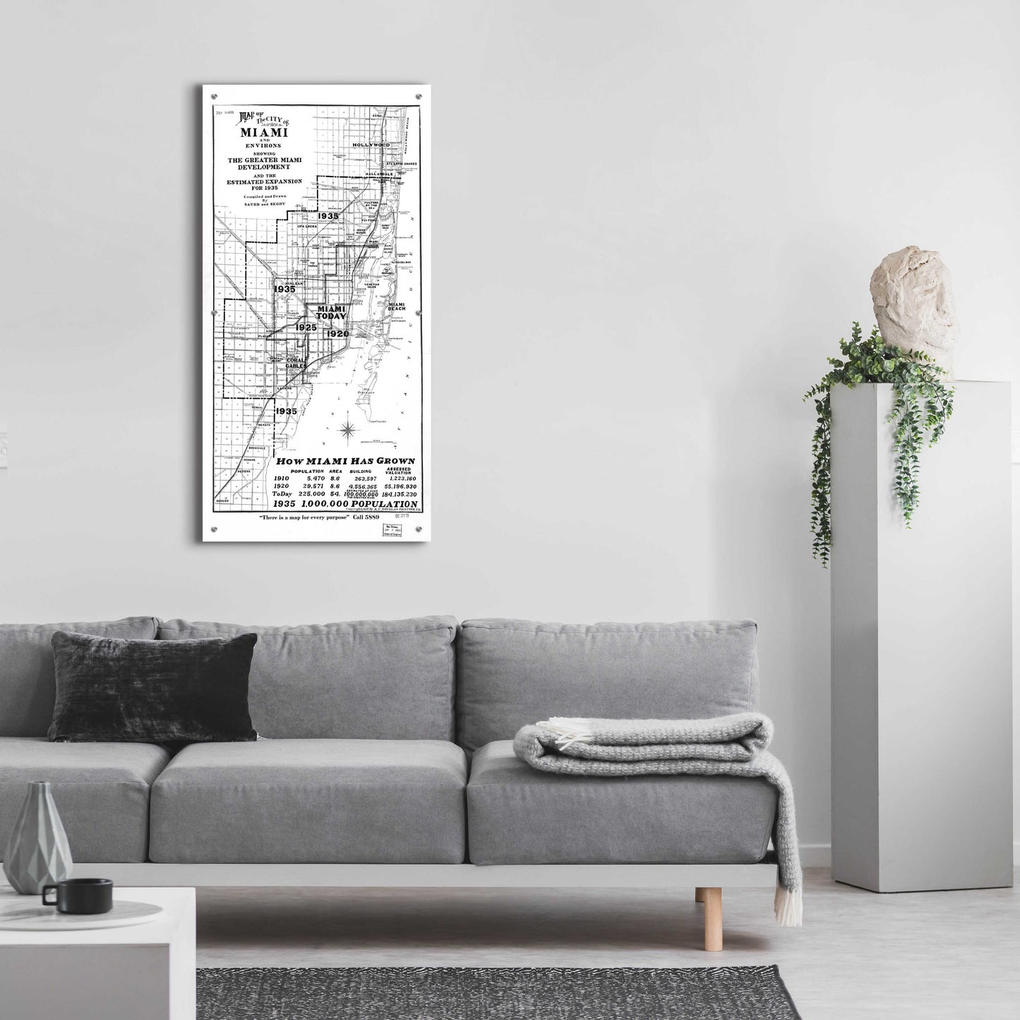 Epic Art 'Map of Miami 1925' by  Portfolio, Acrylic Glass Wall Art,24x48