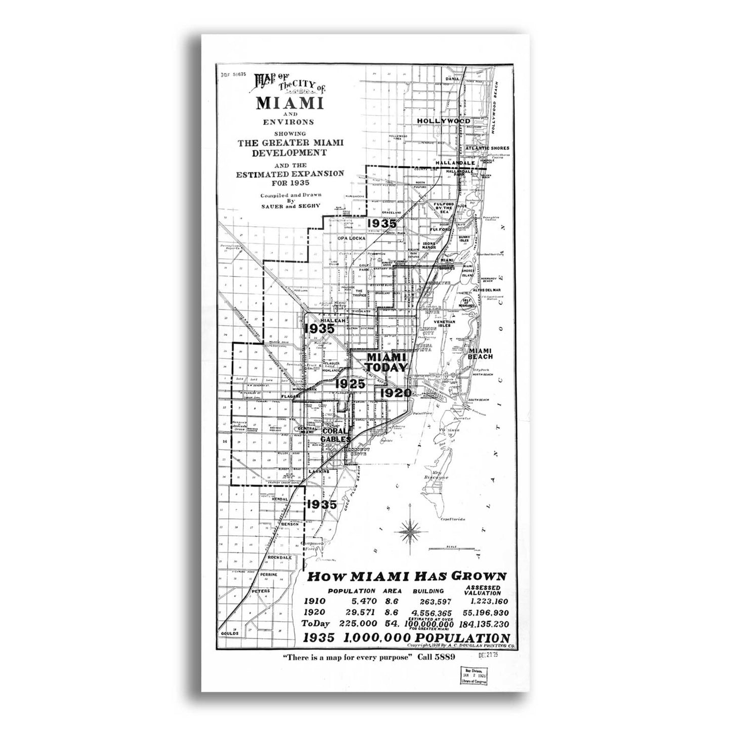 Epic Art 'Map of Miami 1925' by  Portfolio, Acrylic Glass Wall Art