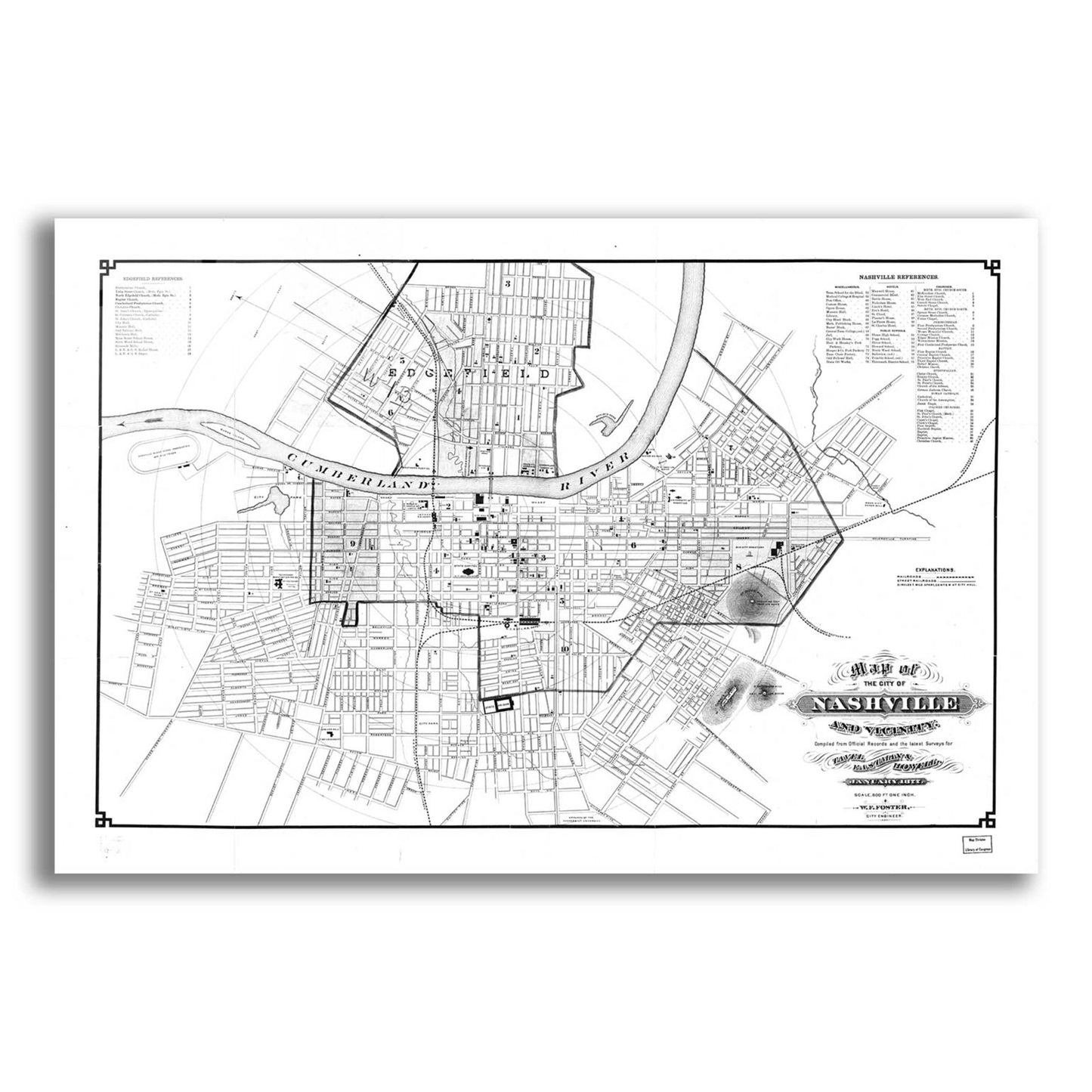 Epic Art 'Map of Nashville 1877' by  Portfolio, Acrylic Glass Wall Art,24x16