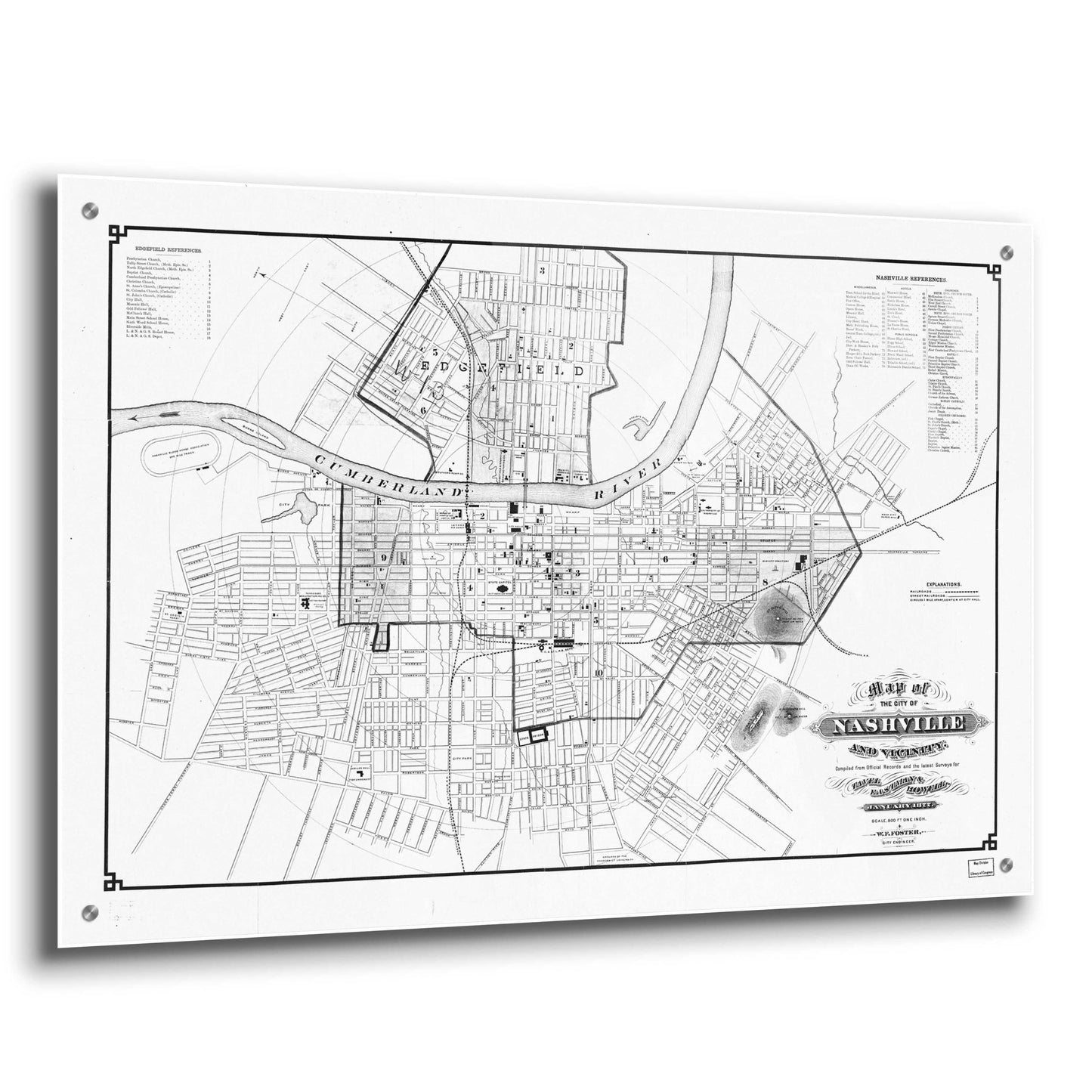 Epic Art 'Map of Nashville 1877' by  Portfolio, Acrylic Glass Wall Art,36x24