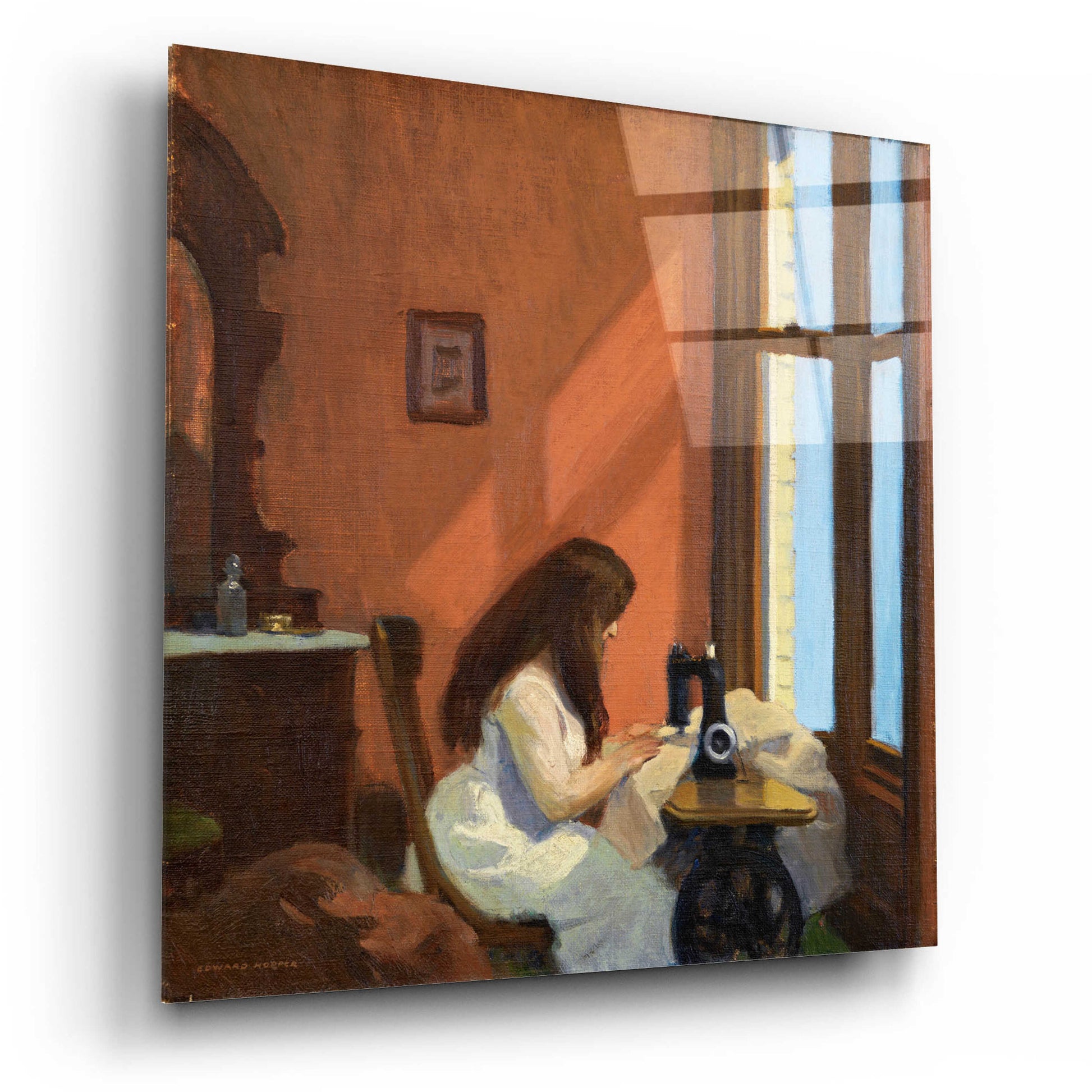 Epic Art 'Girl At Sewing Maching, 1921' by Edward Hopper, Acrylic Glass Wall Art,12x12