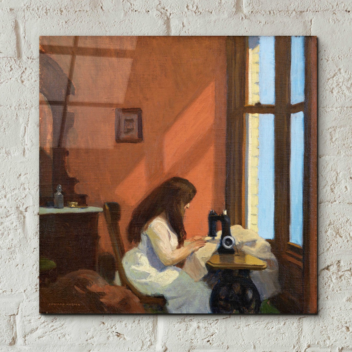 Epic Art 'Girl At Sewing Maching, 1921' by Edward Hopper, Acrylic Glass Wall Art,12x12