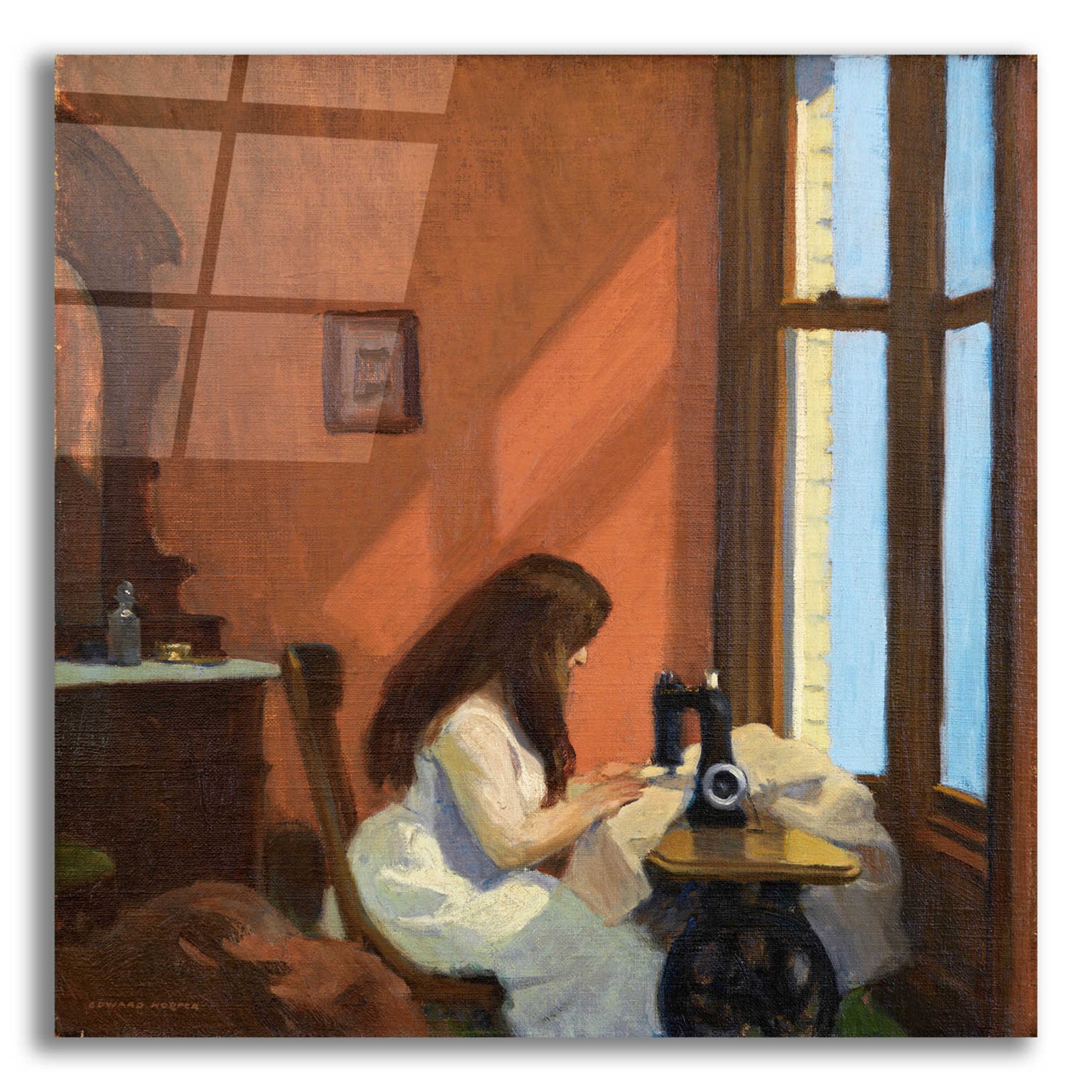 Epic Art 'Girl At Sewing Maching, 1921' by Edward Hopper, Acrylic Glass Wall Art