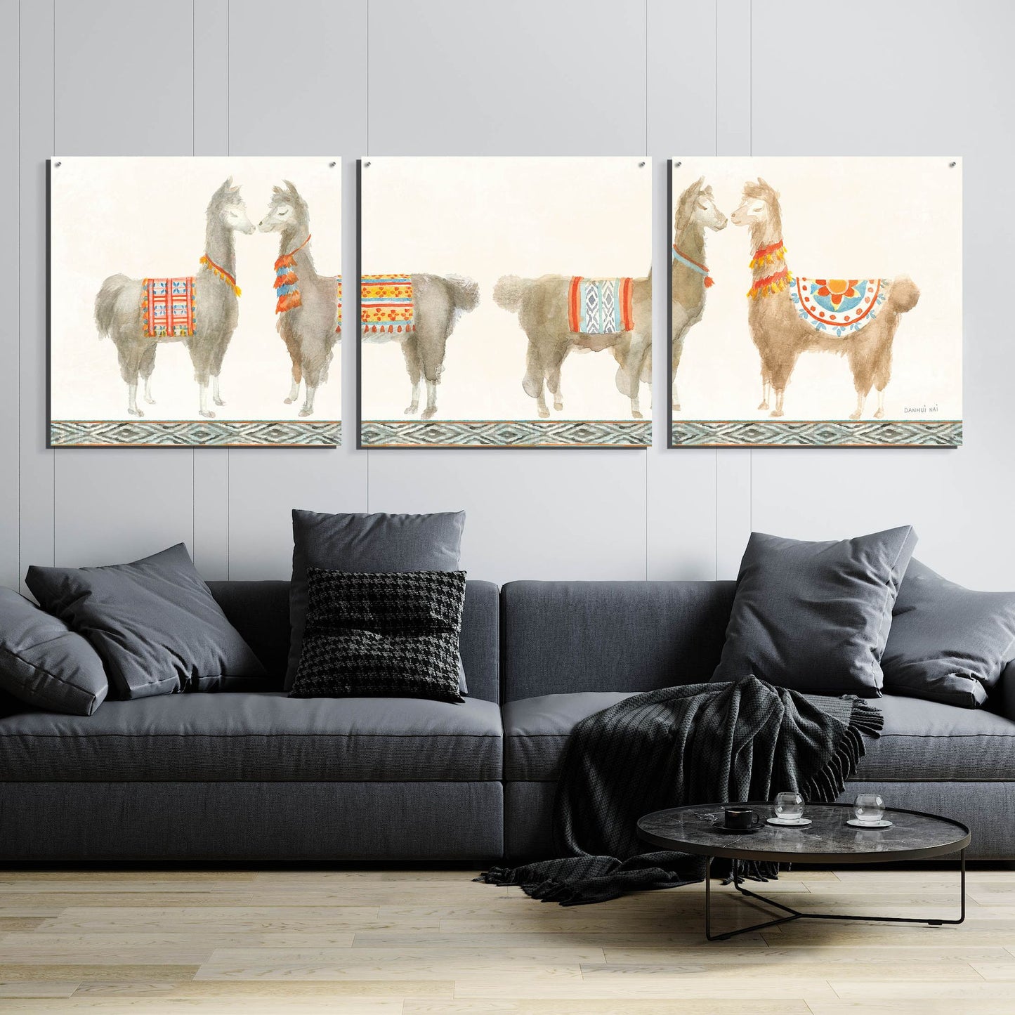 Epic Art 'Festive Llama V' by Danhui Nai, Acrylic Glass Wall Art, 3 Piece Set,108x36