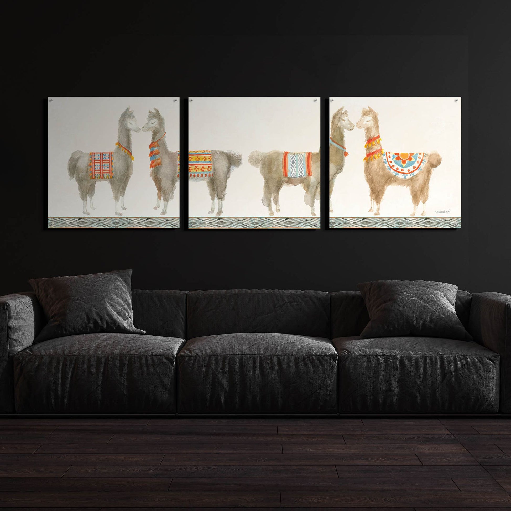 Epic Art 'Festive Llama V' by Danhui Nai, Acrylic Glass Wall Art, 3 Piece Set,108x36