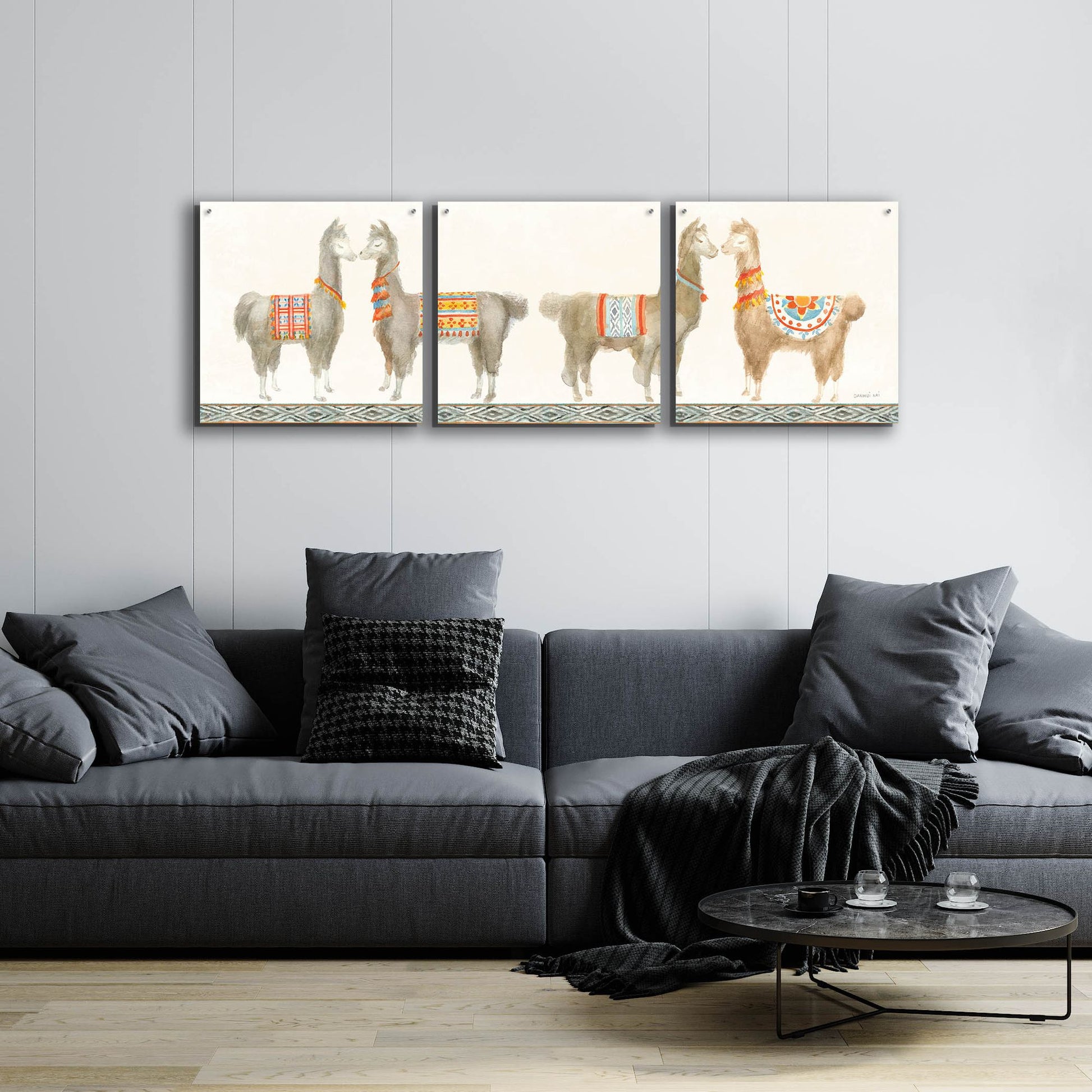 Epic Art 'Festive Llama V' by Danhui Nai, Acrylic Glass Wall Art, 3 Piece Set,72x24