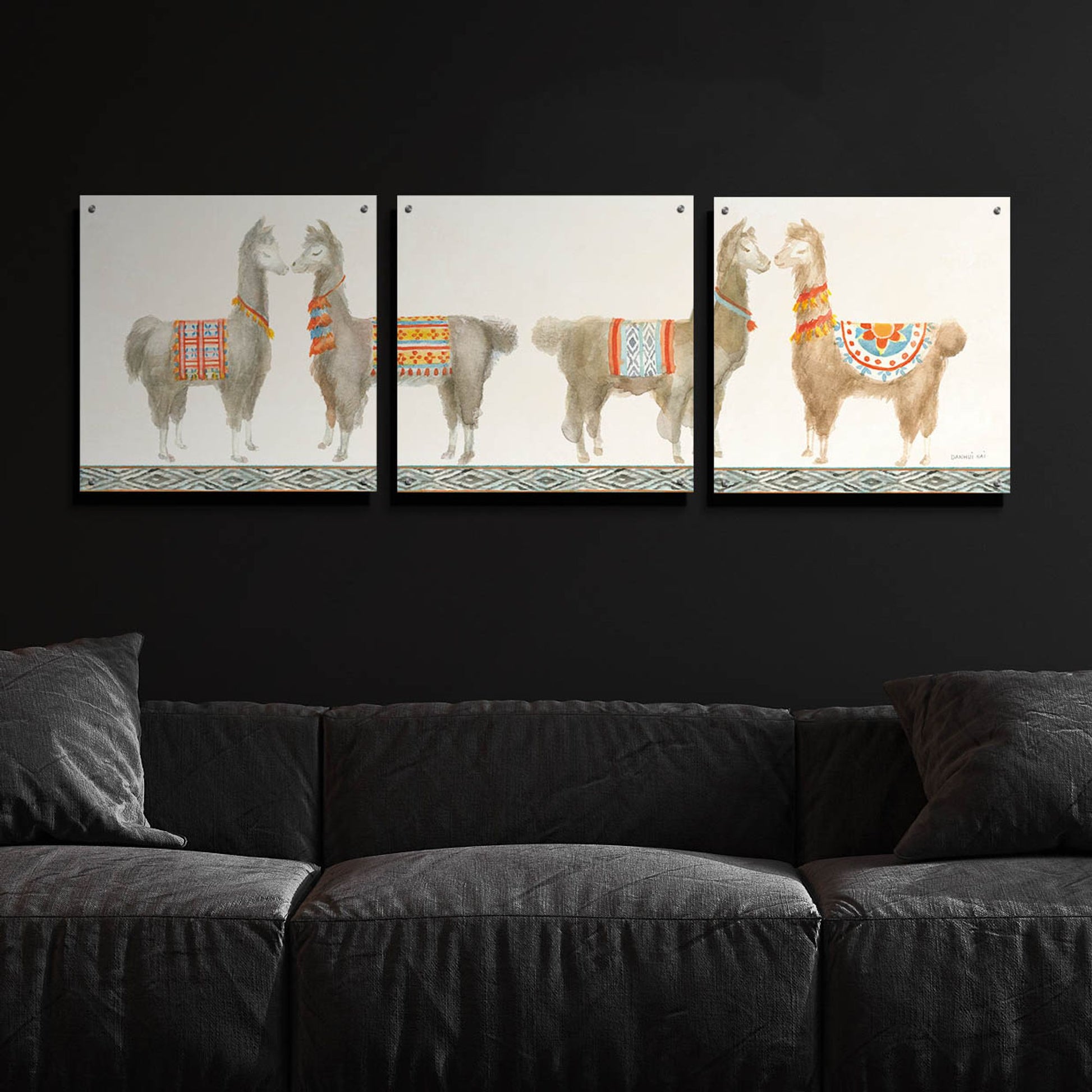 Epic Art 'Festive Llama V' by Danhui Nai, Acrylic Glass Wall Art, 3 Piece Set,72x24