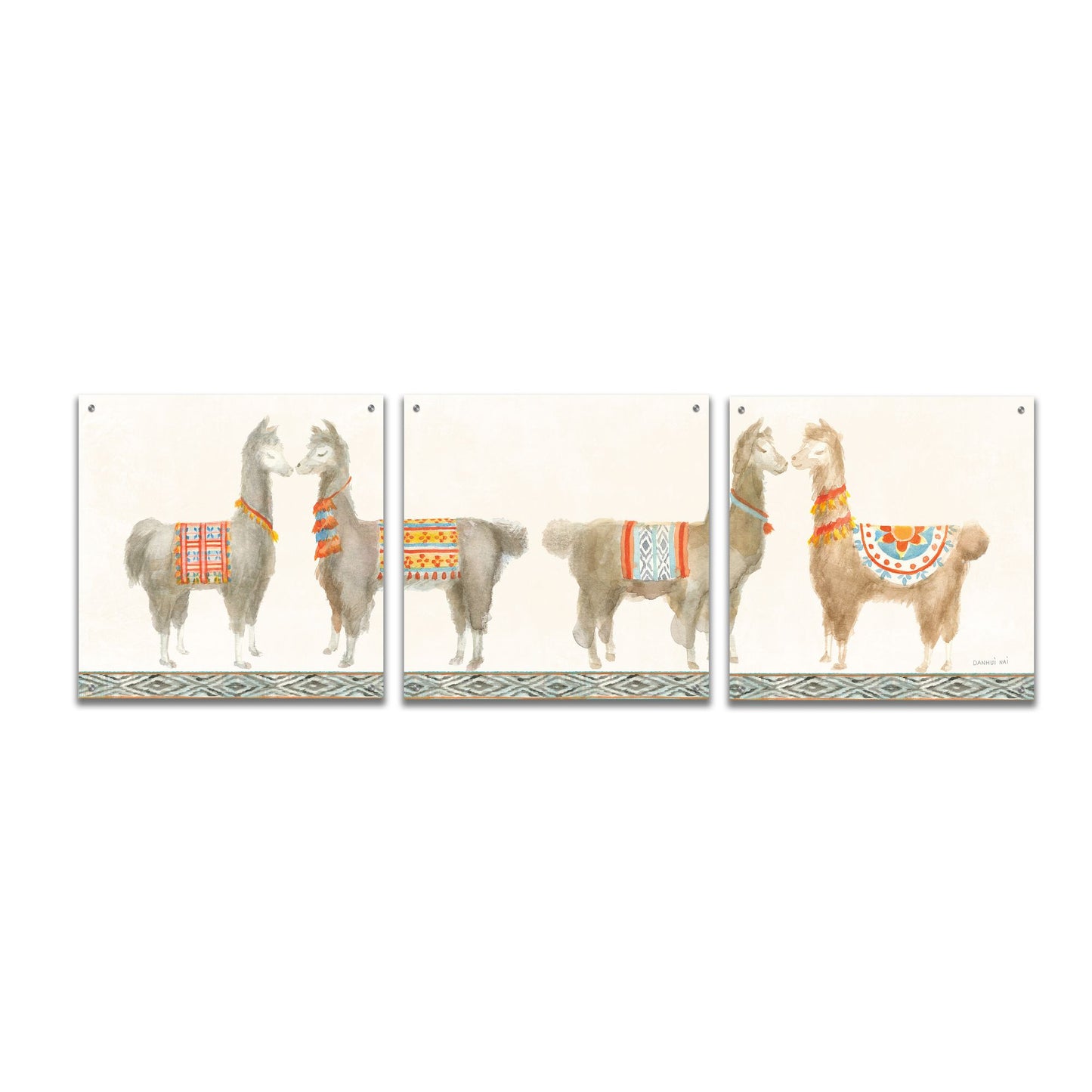 Epic Art 'Festive Llama V' by Danhui Nai, Acrylic Glass Wall Art, 3 Piece Set