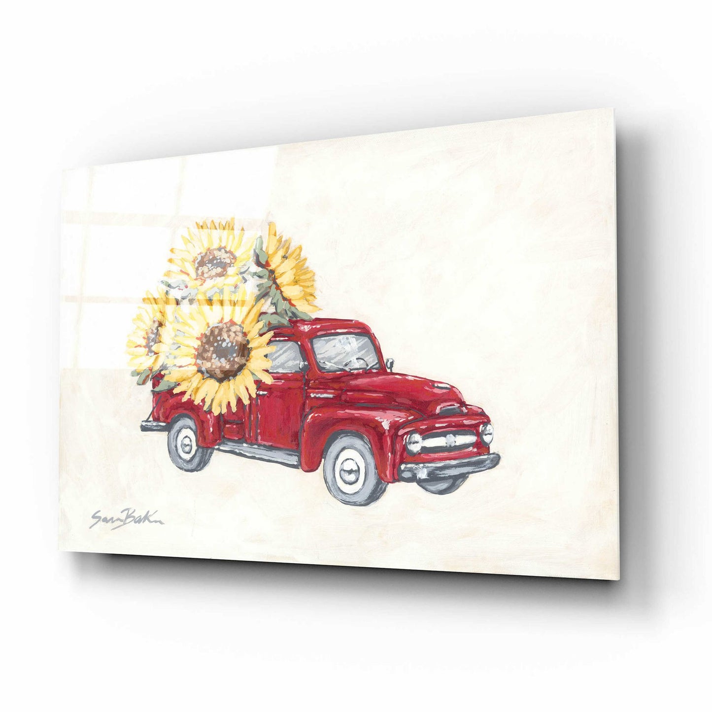 Epic Art 'Sunflower Farm Truck' by Sara Baker, Acrylic Glass Wall Art,16x12