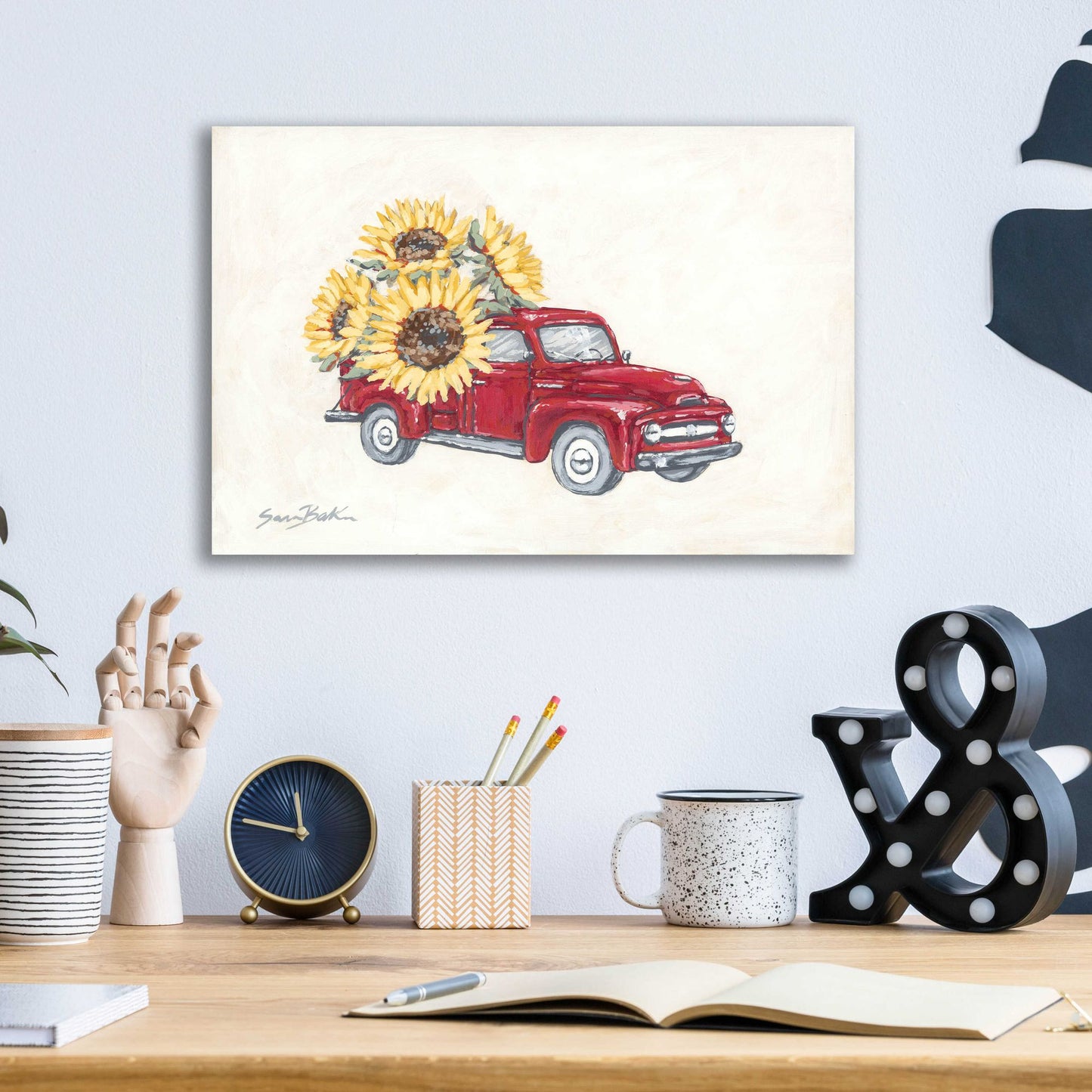 Epic Art 'Sunflower Farm Truck' by Sara Baker, Acrylic Glass Wall Art,16x12