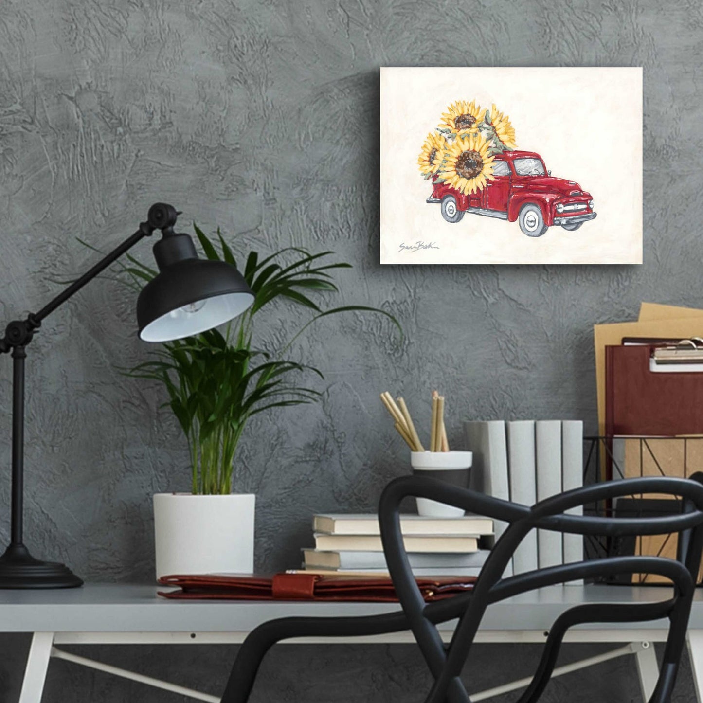 Epic Art 'Sunflower Farm Truck' by Sara Baker, Acrylic Glass Wall Art,16x12