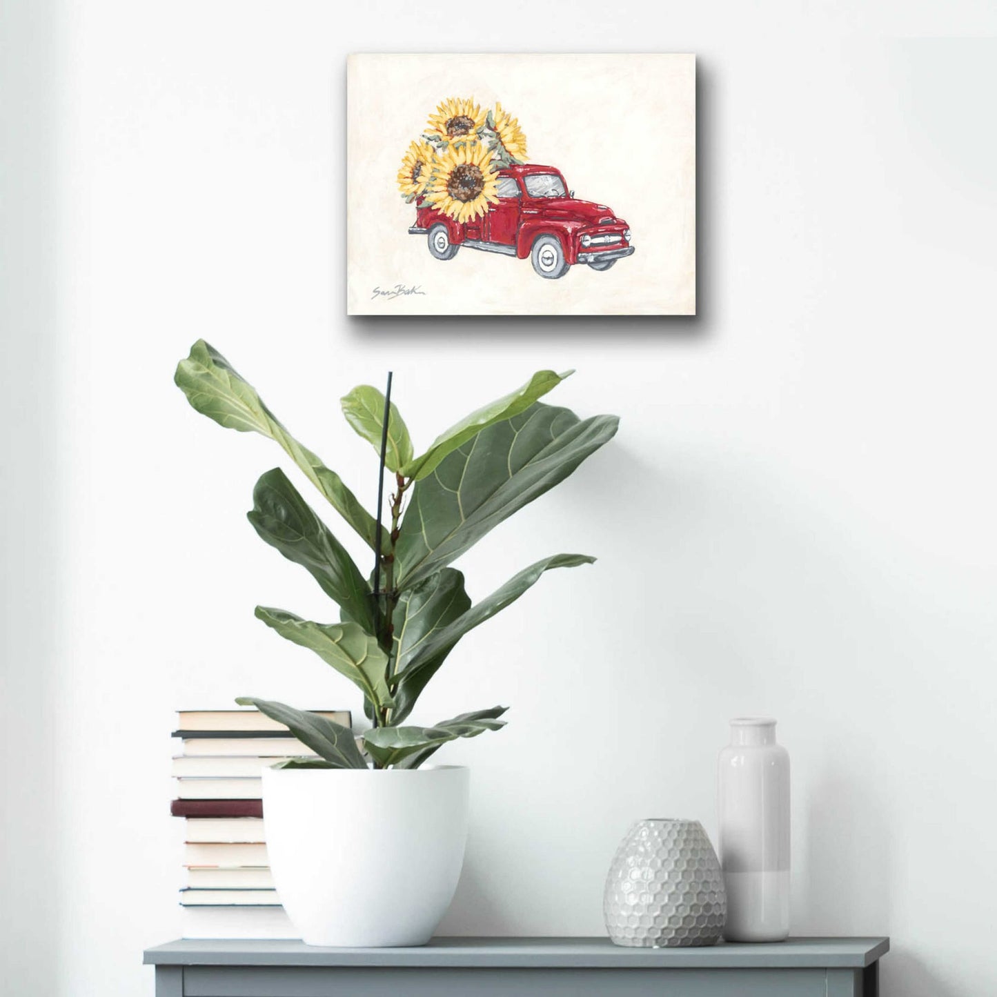 Epic Art 'Sunflower Farm Truck' by Sara Baker, Acrylic Glass Wall Art,16x12