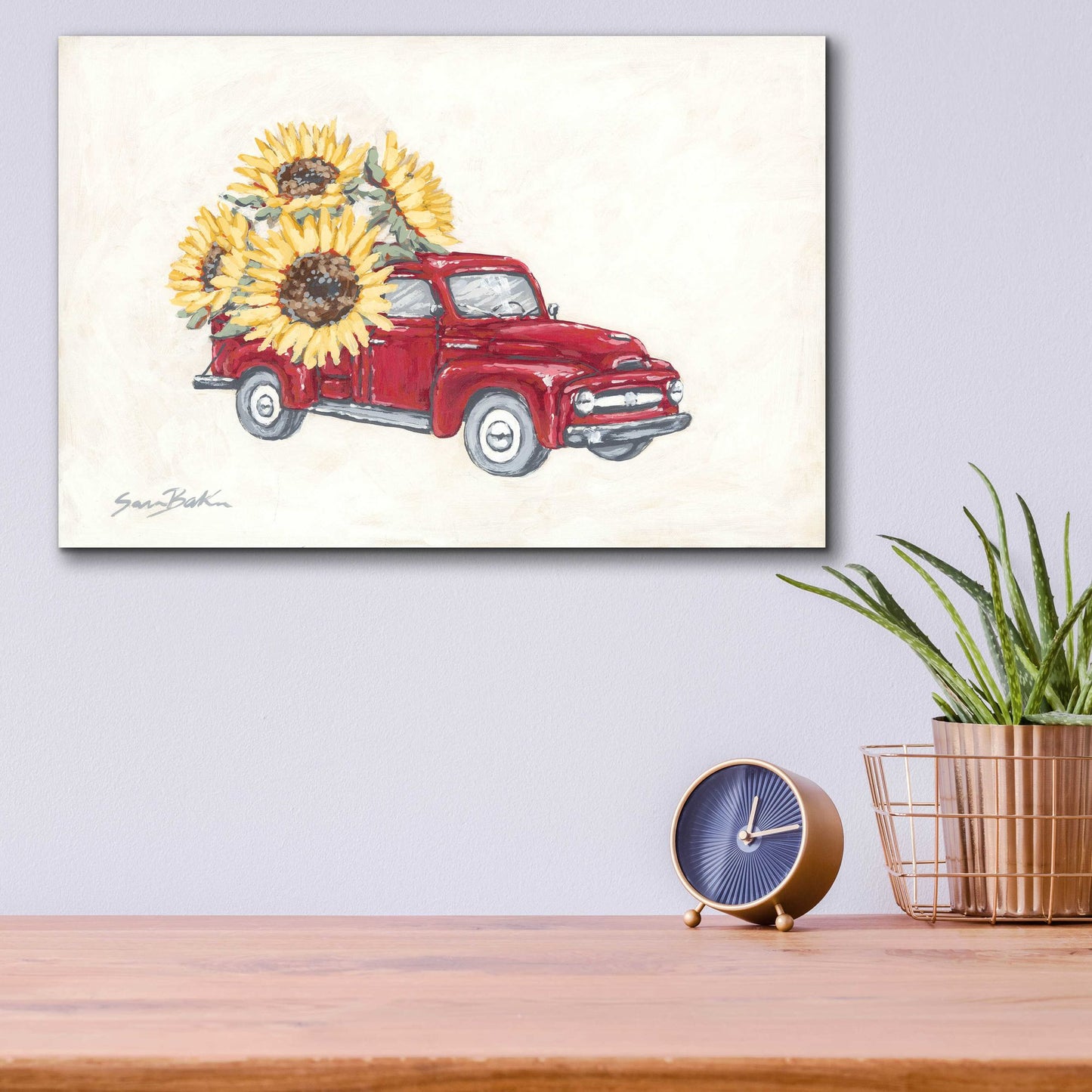 Epic Art 'Sunflower Farm Truck' by Sara Baker, Acrylic Glass Wall Art,16x12