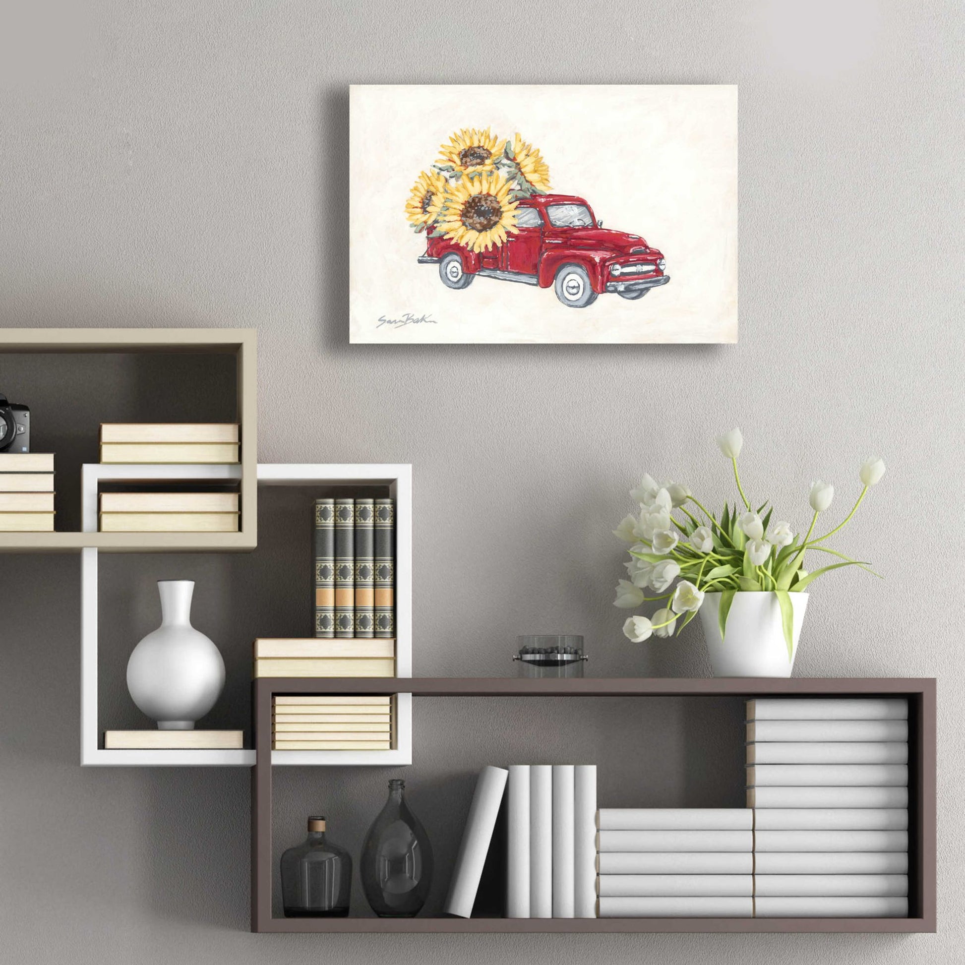 Epic Art 'Sunflower Farm Truck' by Sara Baker, Acrylic Glass Wall Art,24x16