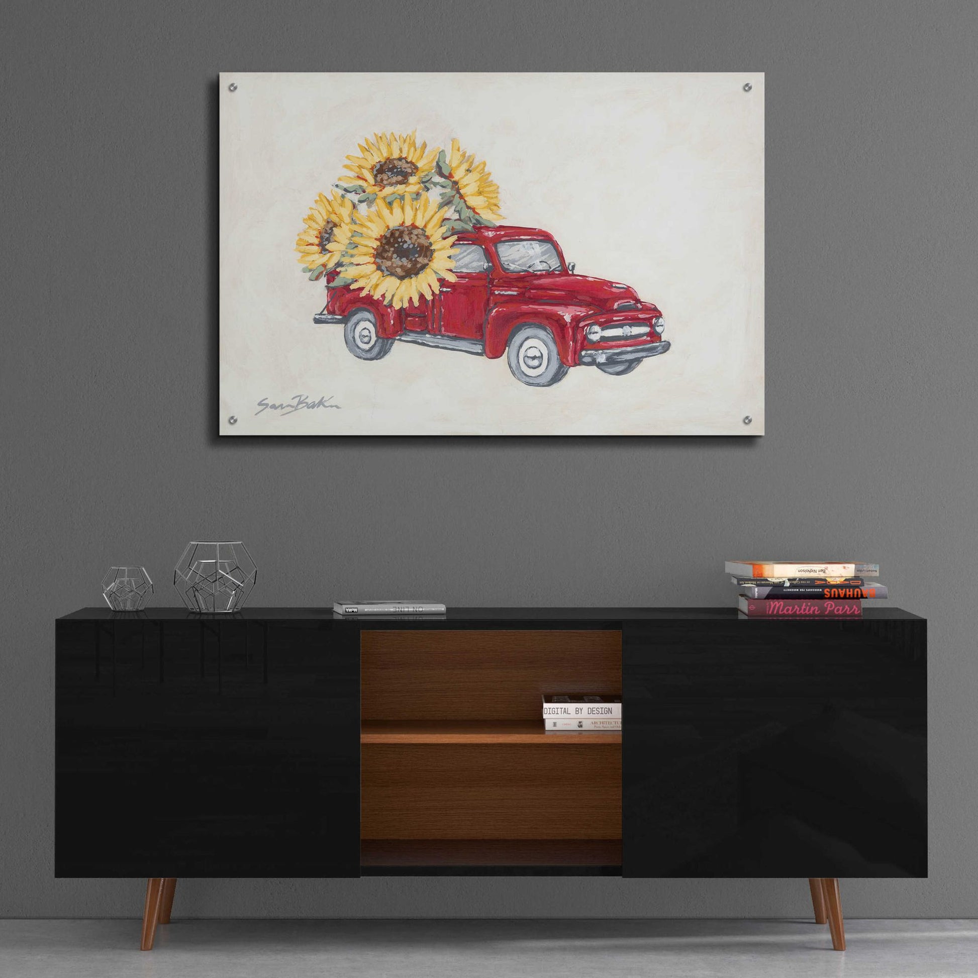 Epic Art 'Sunflower Farm Truck' by Sara Baker, Acrylic Glass Wall Art,36x24