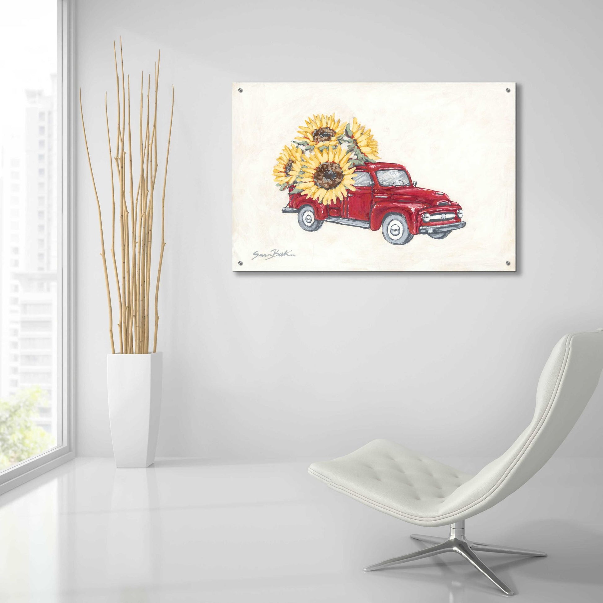 Epic Art 'Sunflower Farm Truck' by Sara Baker, Acrylic Glass Wall Art,36x24