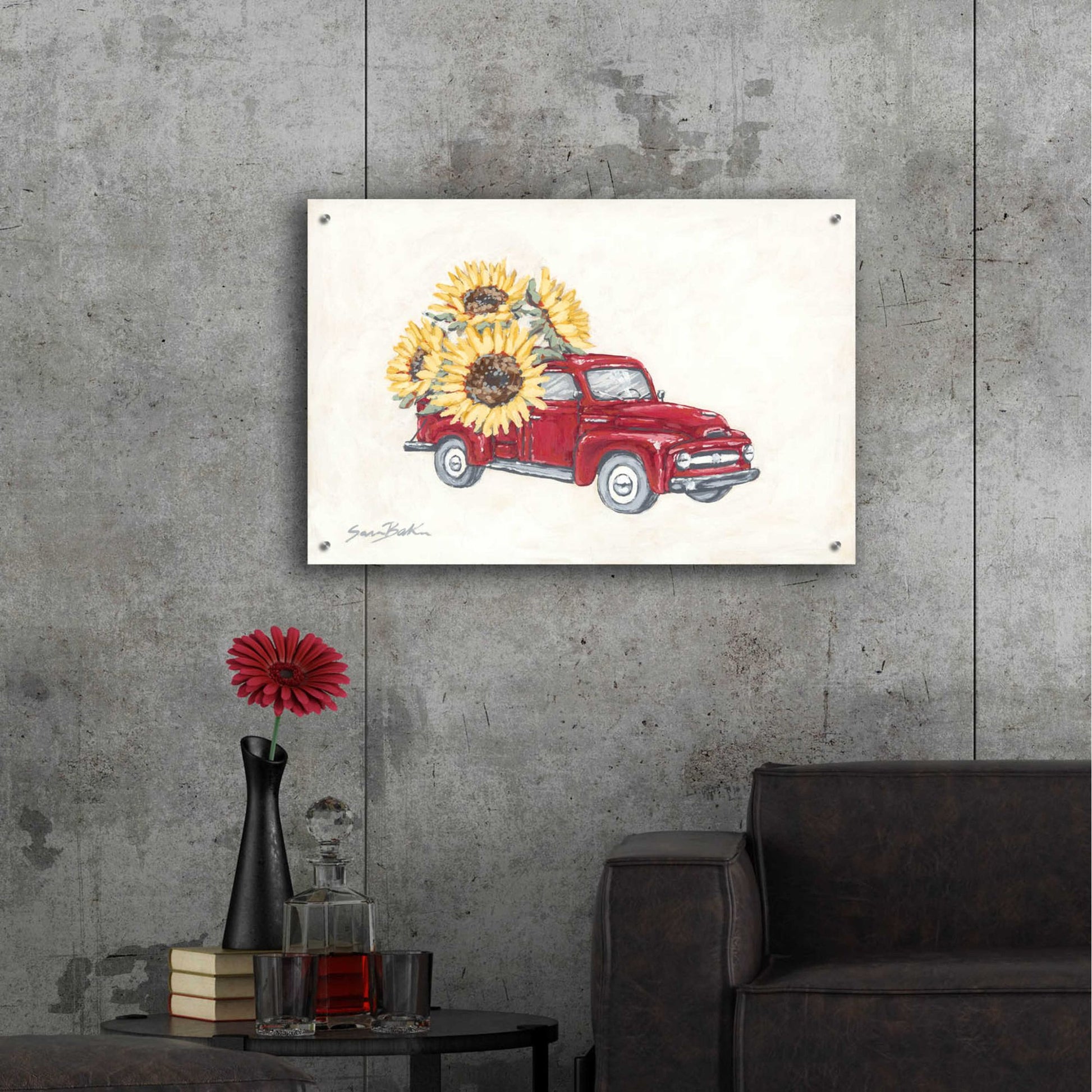 Epic Art 'Sunflower Farm Truck' by Sara Baker, Acrylic Glass Wall Art,36x24