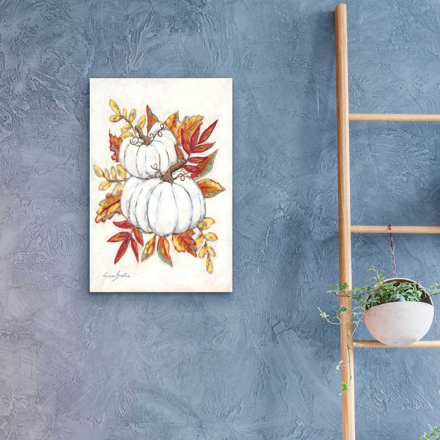 Epic Art 'White Pumpkin Fall Foliage' by Sara Baker, Acrylic Glass Wall Art,16x24