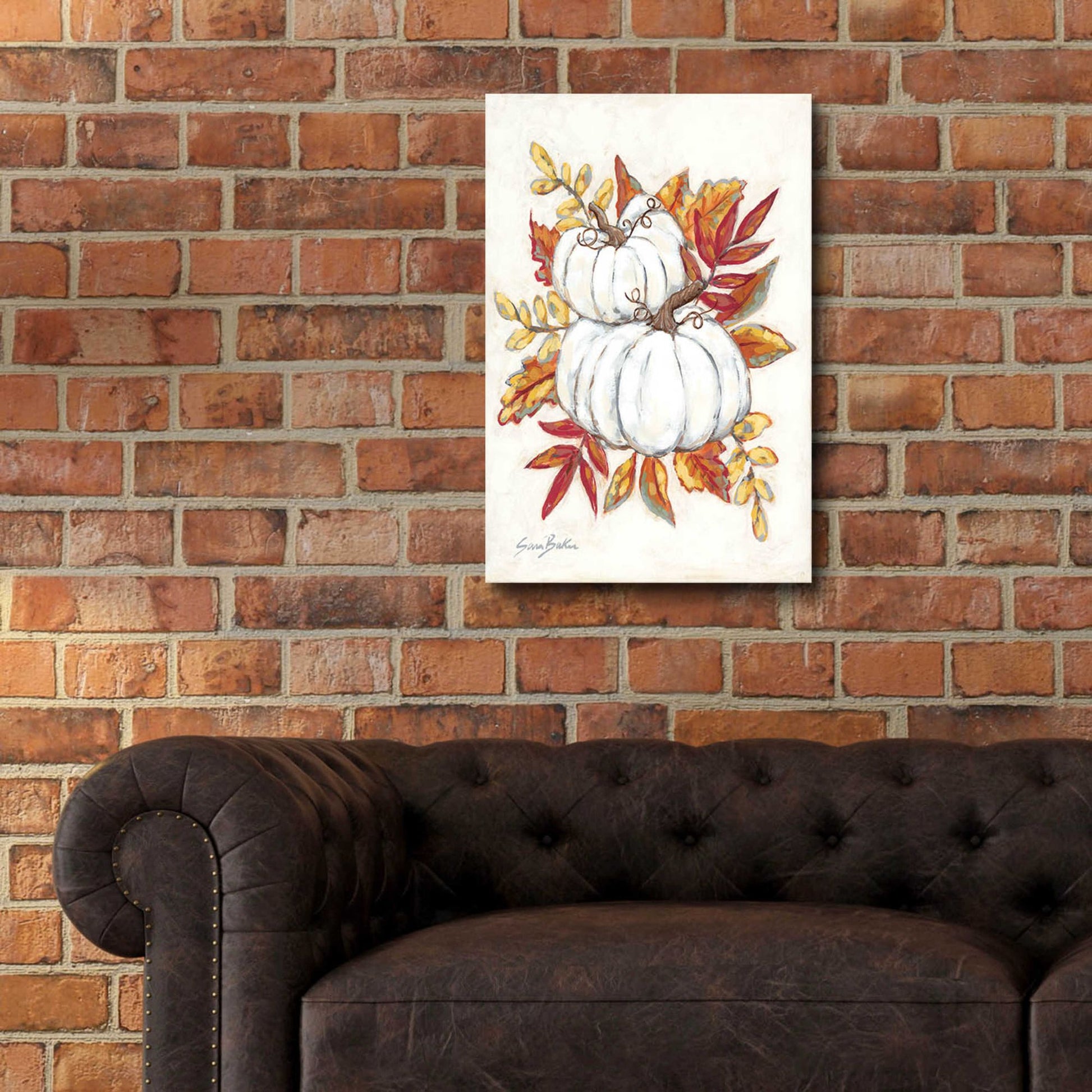Epic Art 'White Pumpkin Fall Foliage' by Sara Baker, Acrylic Glass Wall Art,16x24